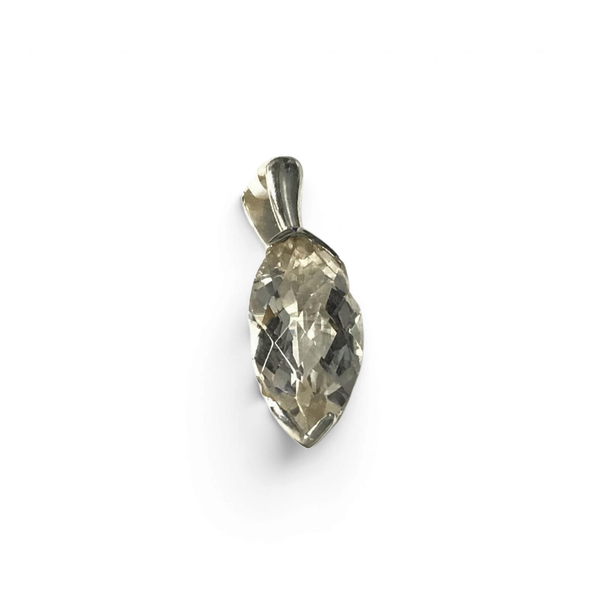 Rare Earth Gallery faceted sharp oval quartz crystal pendant with a tapered metal bezel and fancy cutout details