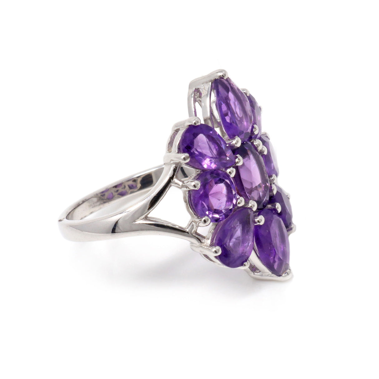 Amethyst Ring with 9 Faceted Stones in Shape of Dahlia Flower Set on Silver Band with Cutout Top - Prong Set