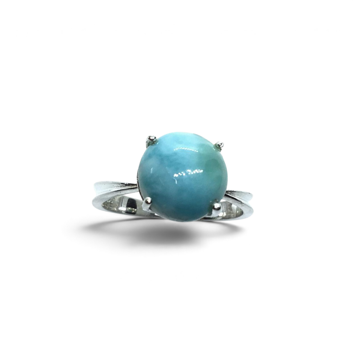 Rare Earth Gallery round blue larimar cabochon ring with a prong setting and raised cut-out bezel in silver