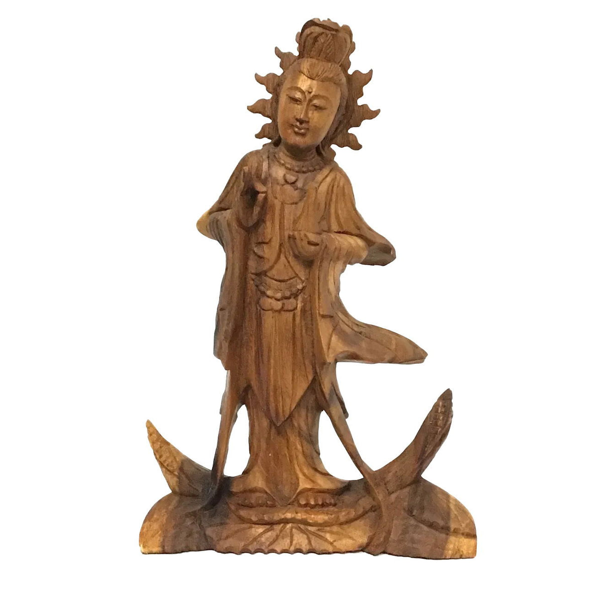 Wooden Kwan Yin Sculpture - Standing Pose with Shuni Mudra Hand Pose - Monkey Pod Wood