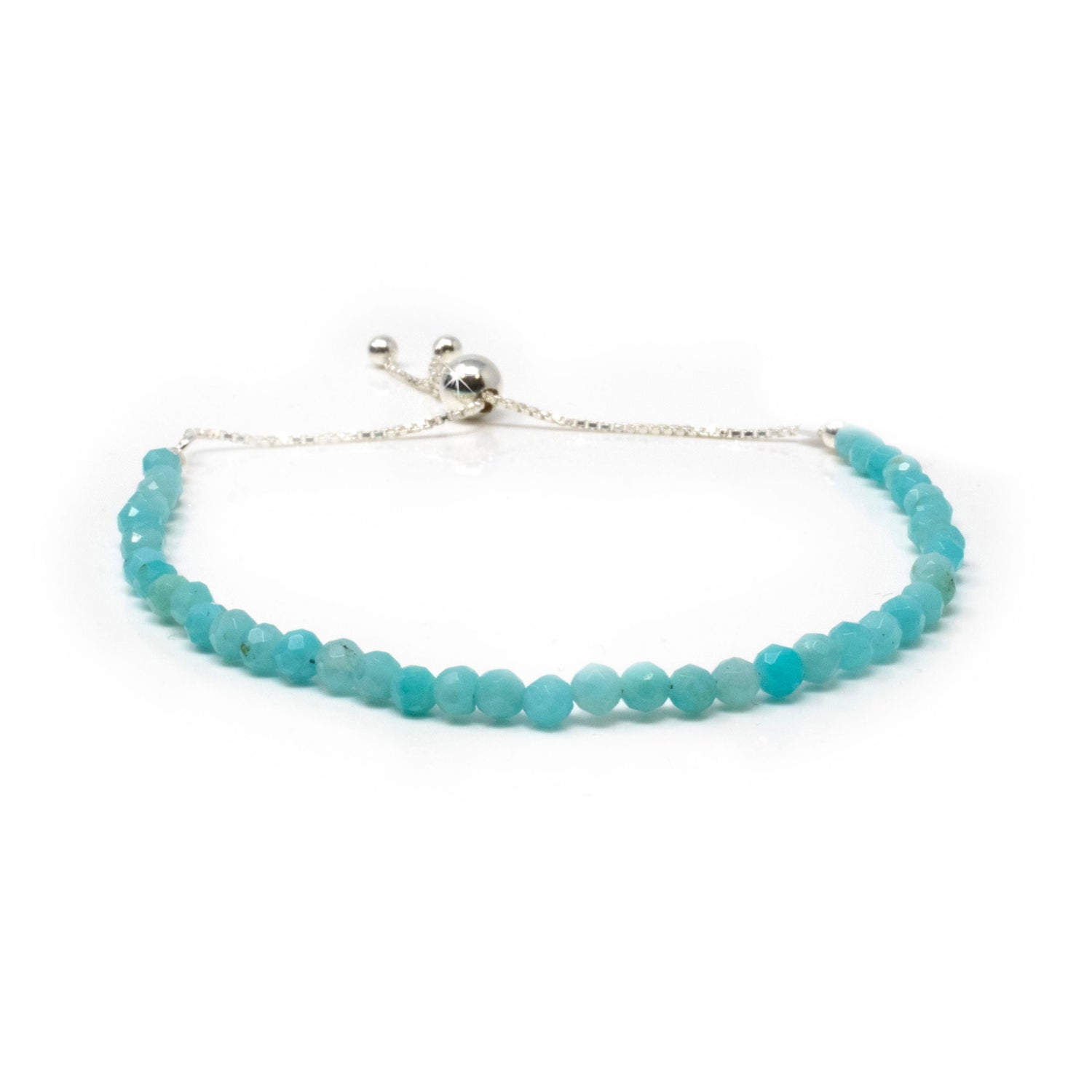 Amazonite Beaded Bracelet - Faceted Round Beads with 925 Sterling Silver Adjustable Ball & Chain