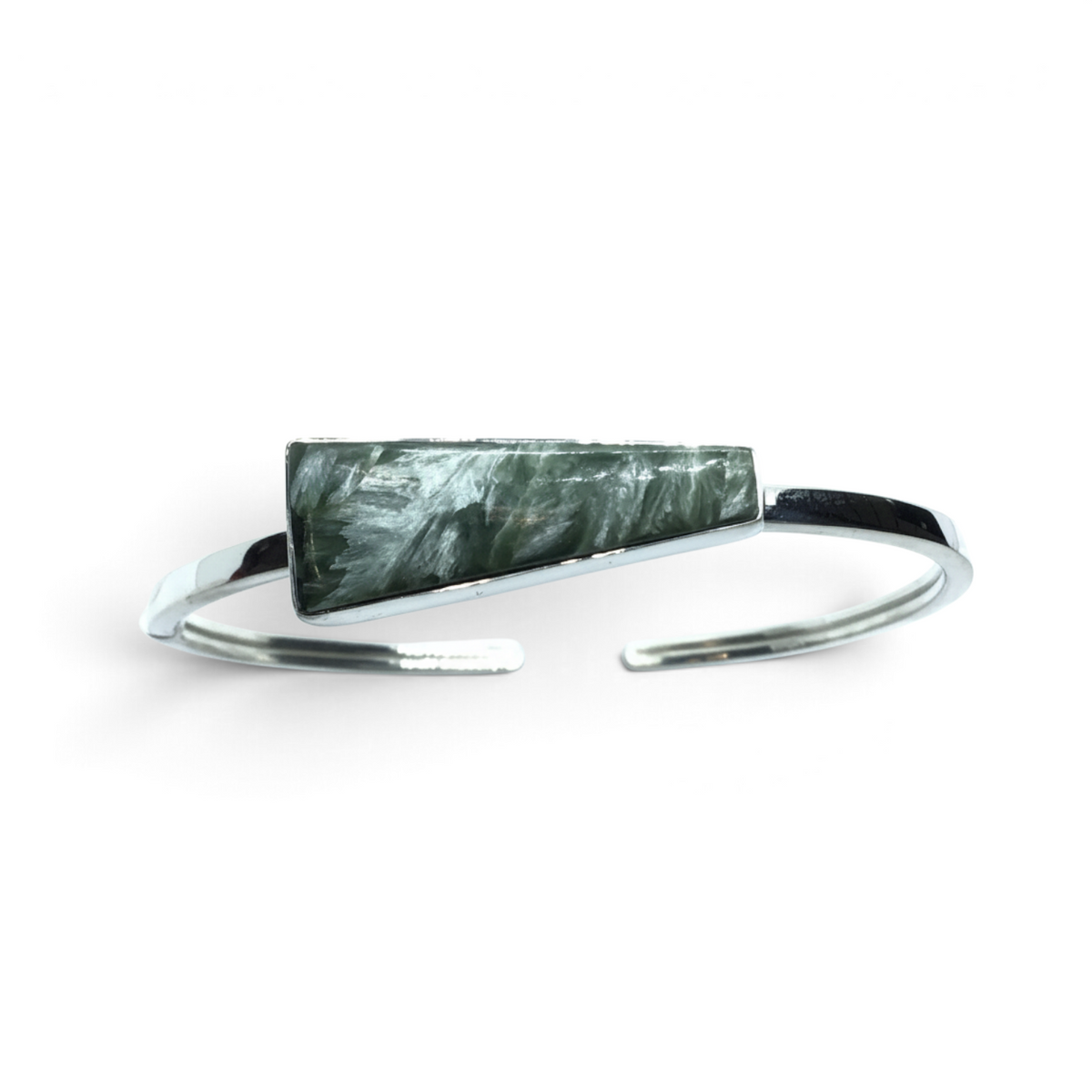 Rare Earth Gallery Seraphinite twist bracelet featuring an east-west set tapered rectangle cabochon in a silver bezel.