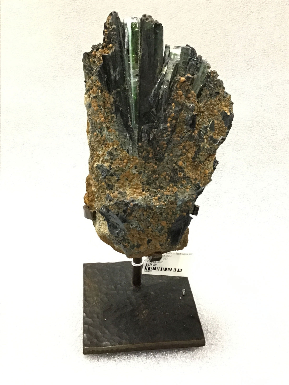 Vivianite Crystal Cluster In Matrix Geode With Orbs On Custom Stand