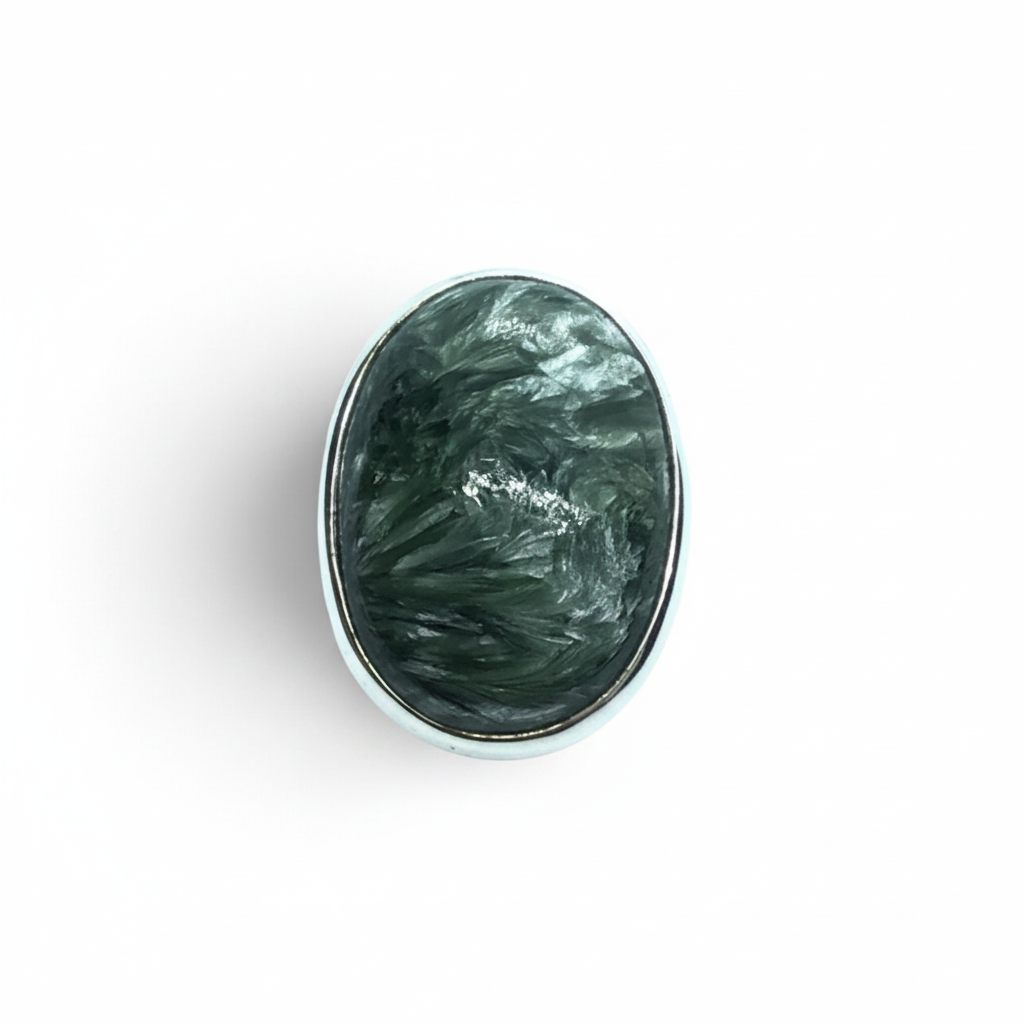 Bague Séraphinite - Cabochon ovale simple avec sertissage et anneau en argent sterling 925 taille 9