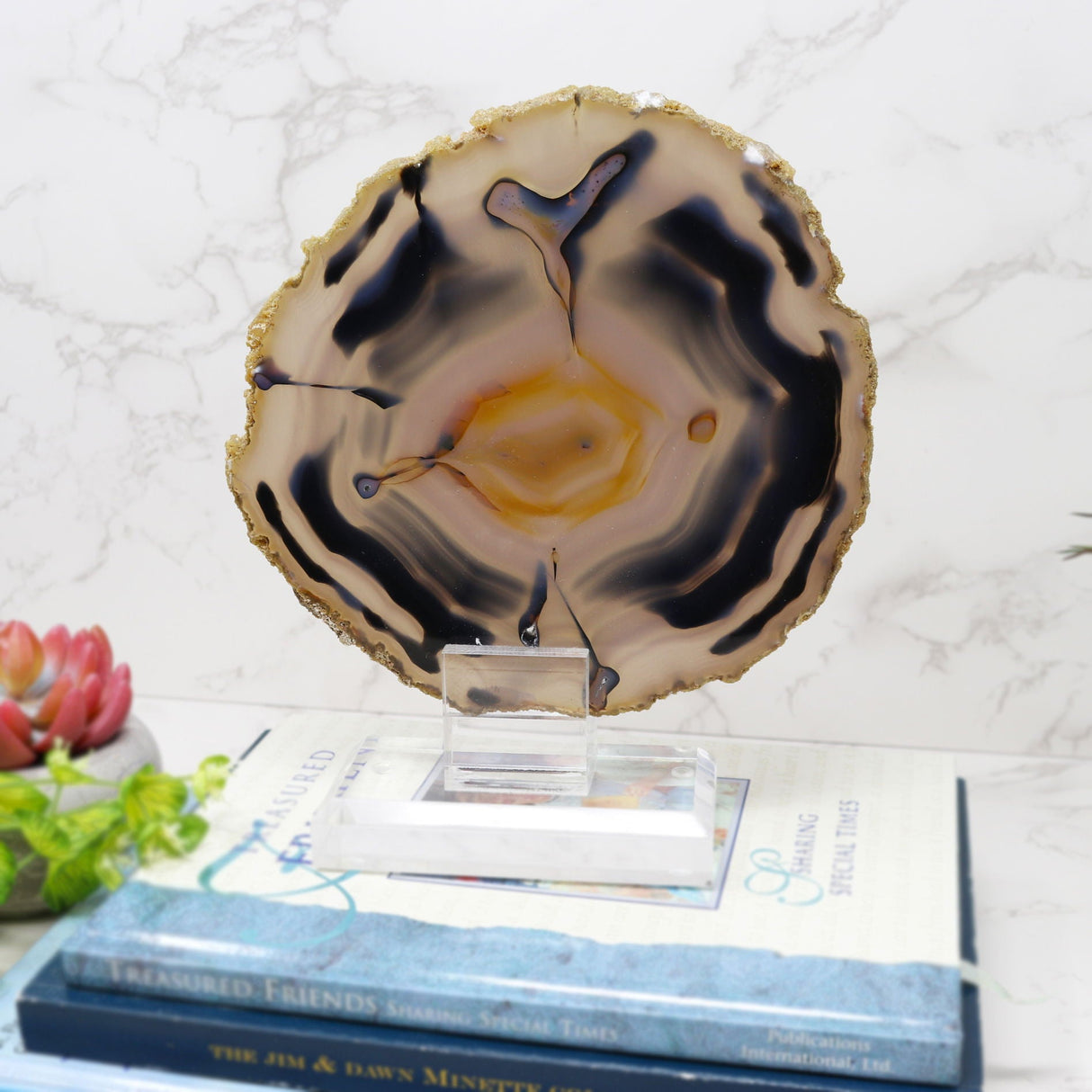 Agate Slice on Lucite Screw Stand with Butterfly Effect Pattern & Mini Druze Pockets with Double-Sided Polish