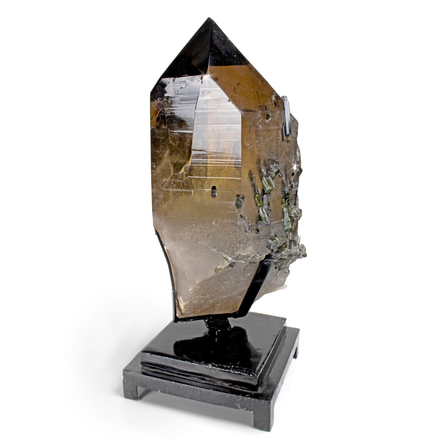 Smoky Quartz with Green Tourmaline Inclusions on One Side - Rotating Fitted Metal Stand from Brazil