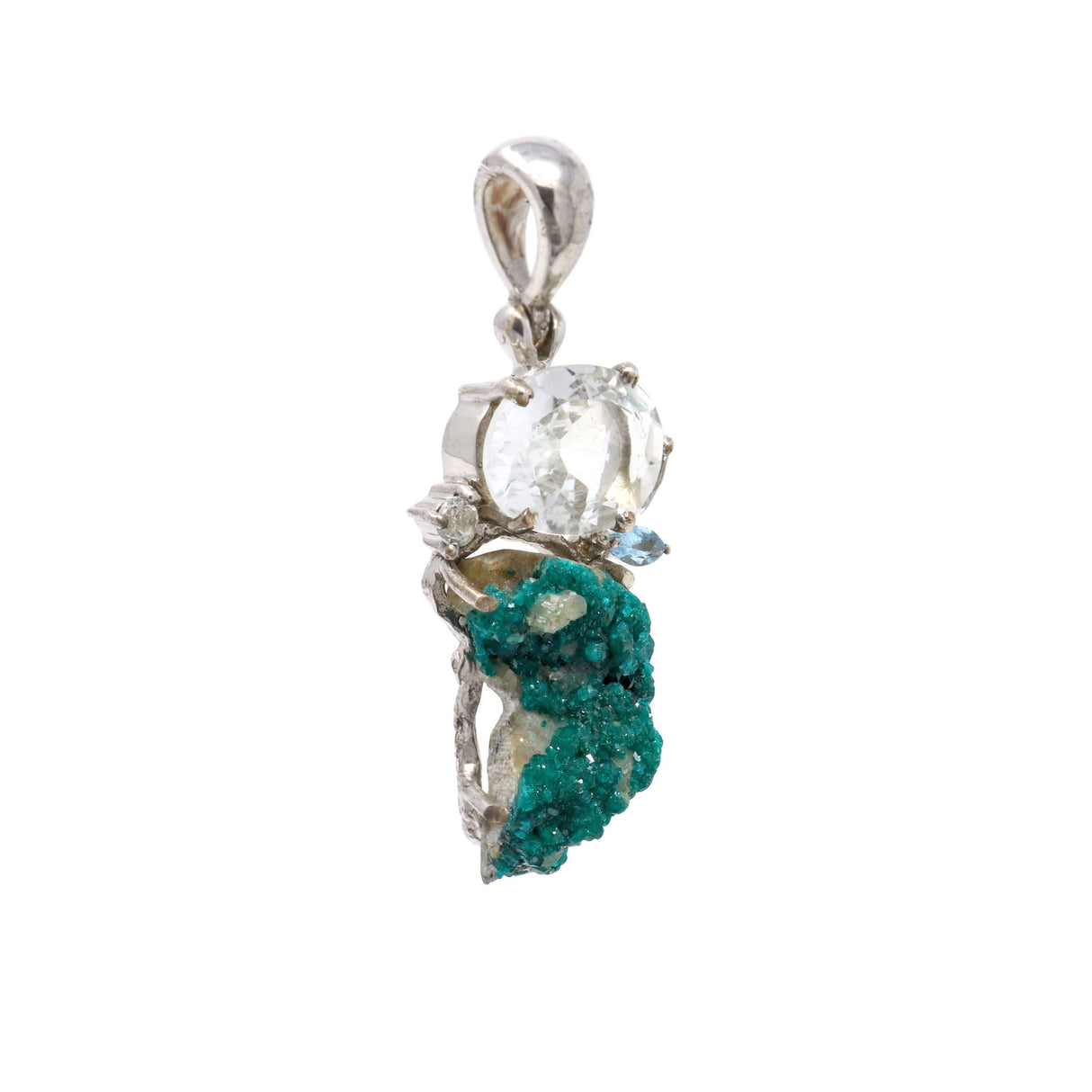 Chrome Dioptase Pendant - Druze with White Topaz