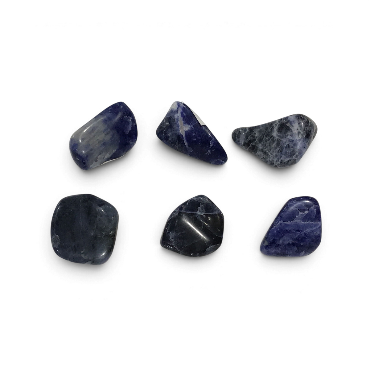 Six mini A+ tumbled sodalite stones in deep navy blue streaked with white calcite veining
