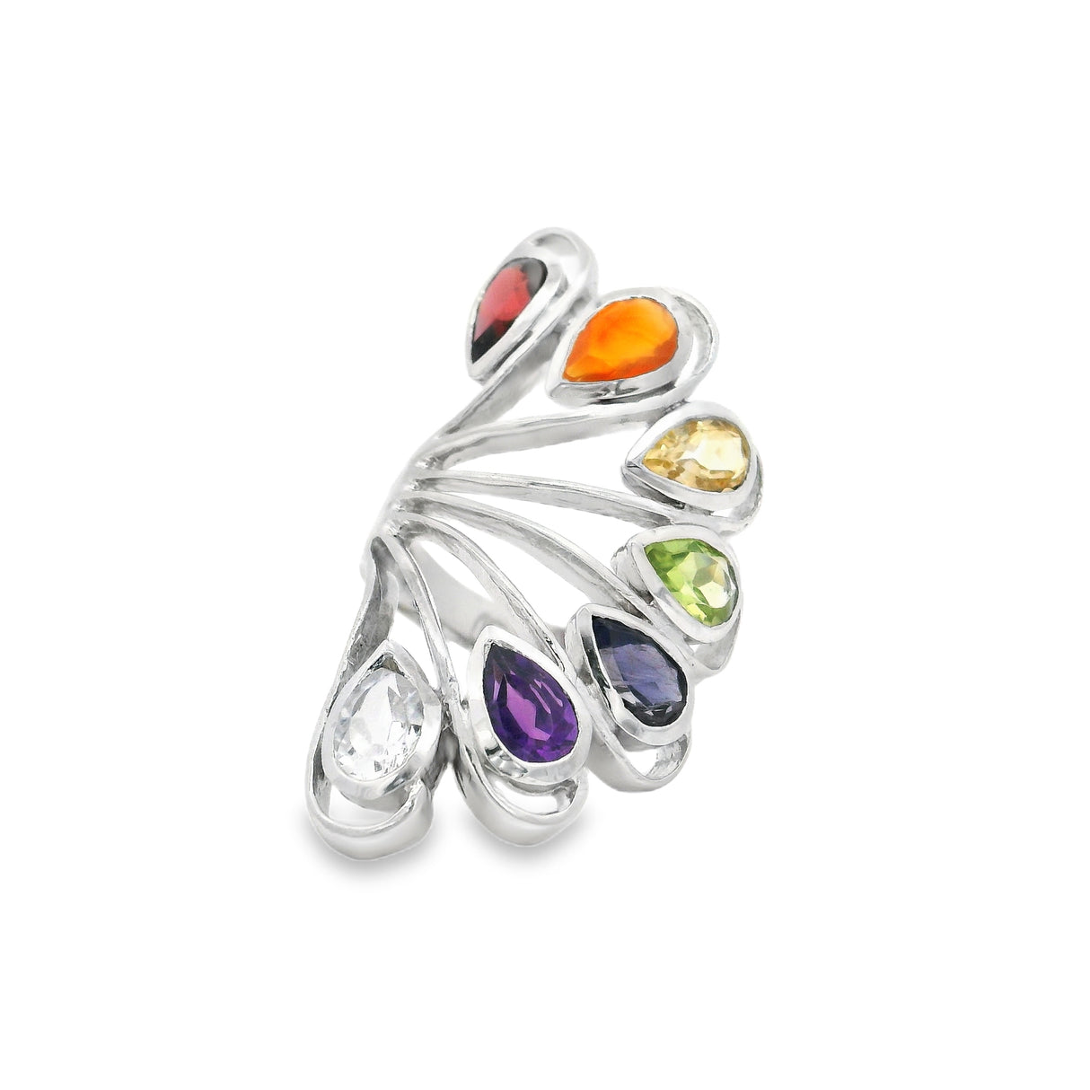 7 Chakra Ring - Faceted Pears With Silver Bezels On Silver Wire Flower & Cutout Band Top Sz5