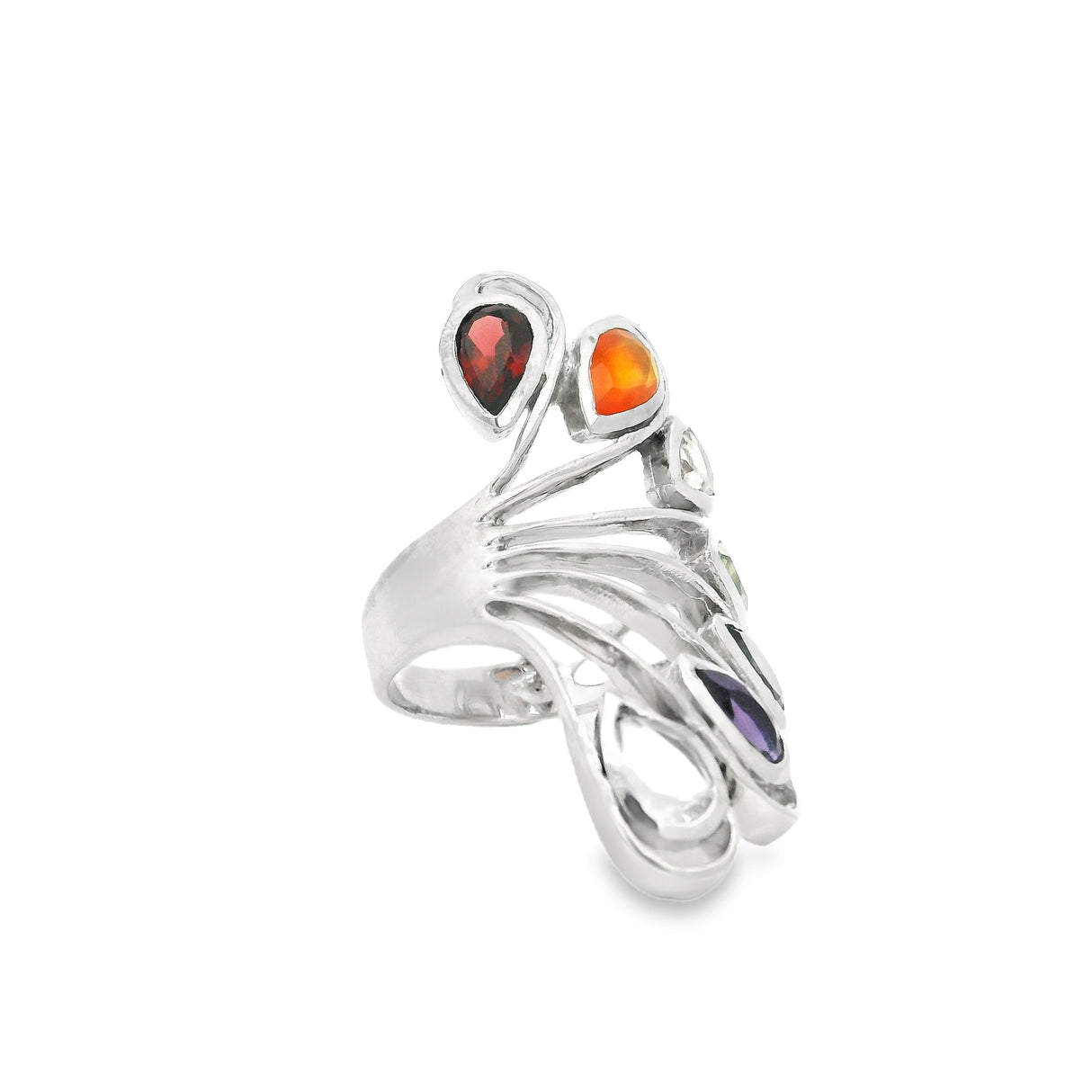 7 Chakra Ring - Faceted Pears With Silver Bezels On Silver Wire Flower & Cutout Band Top Sz5