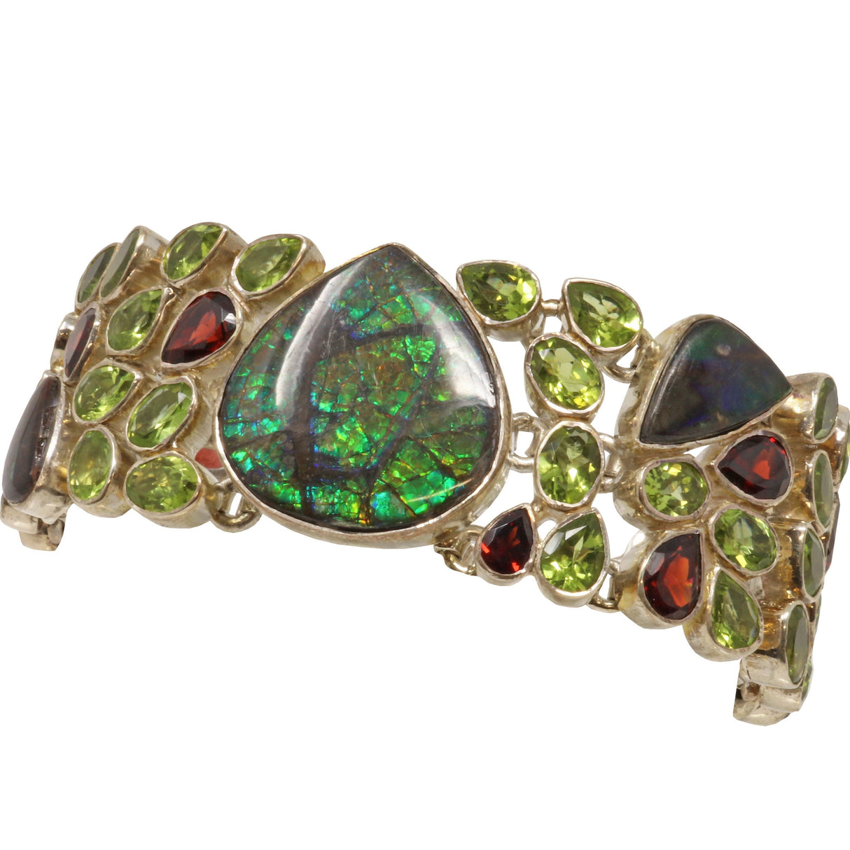 Ammolite Fossil & Peridot Link Bracelet - Pear Center Stone with Garnet - 4 Rows