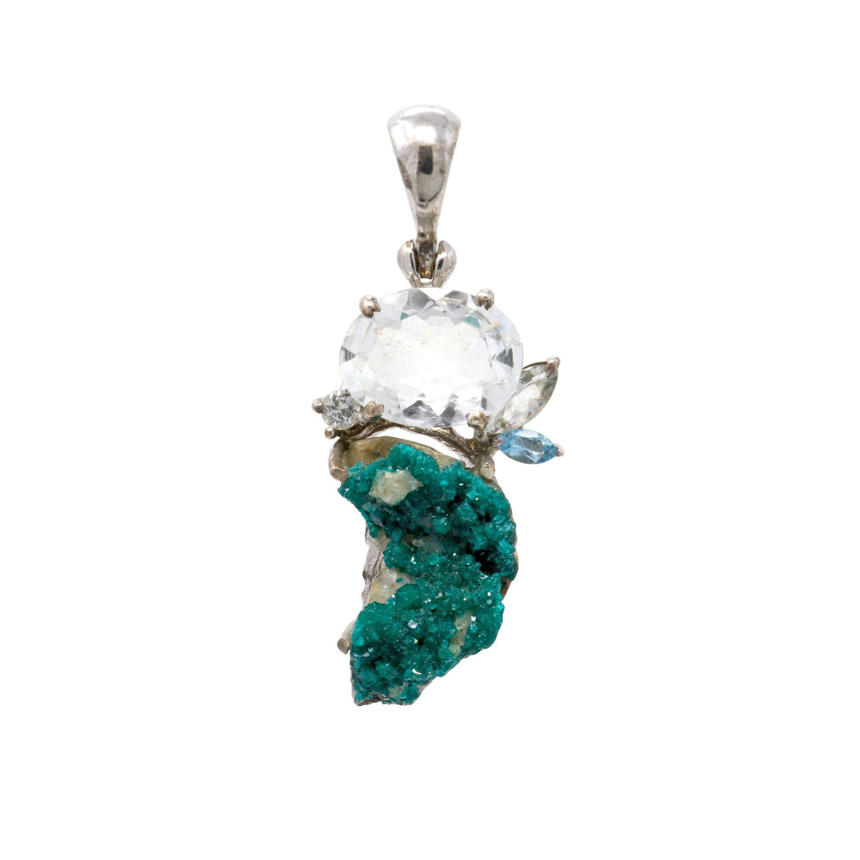 Chrome Dioptase Pendant - Druze with White Topaz