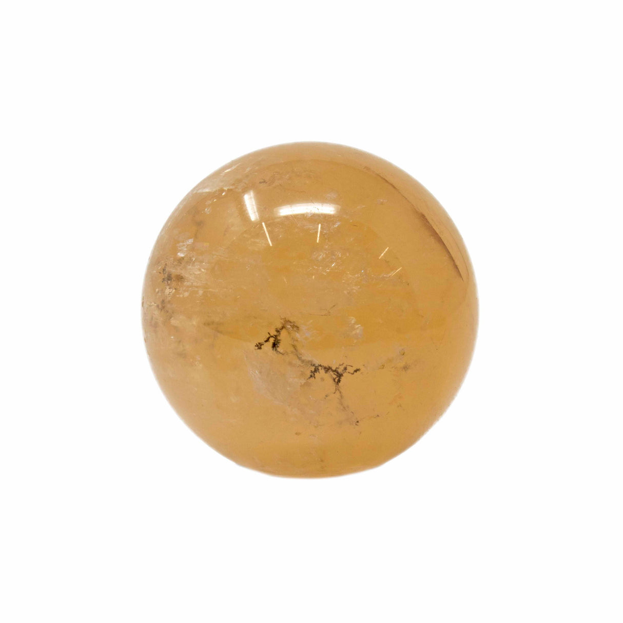 Golden Calcite Sphere with Flecks of Dendrite on Lucite Ring Stand