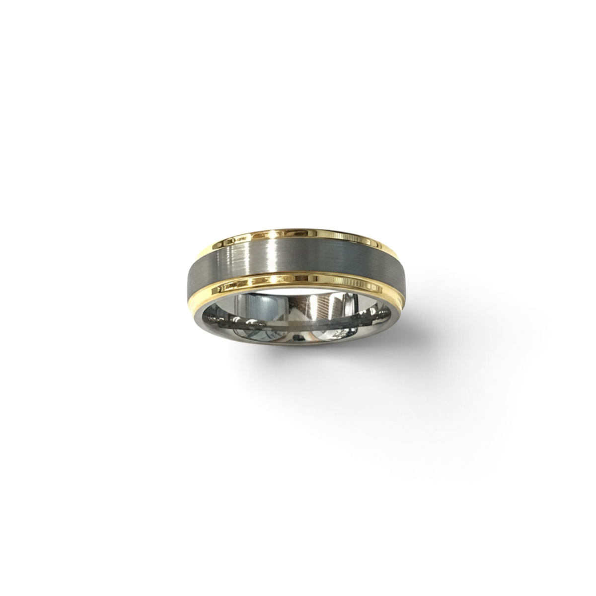 Rare Earth Gallery 6mm tungsten ring featuring a brushed grey center with polished yellow gold plated edges