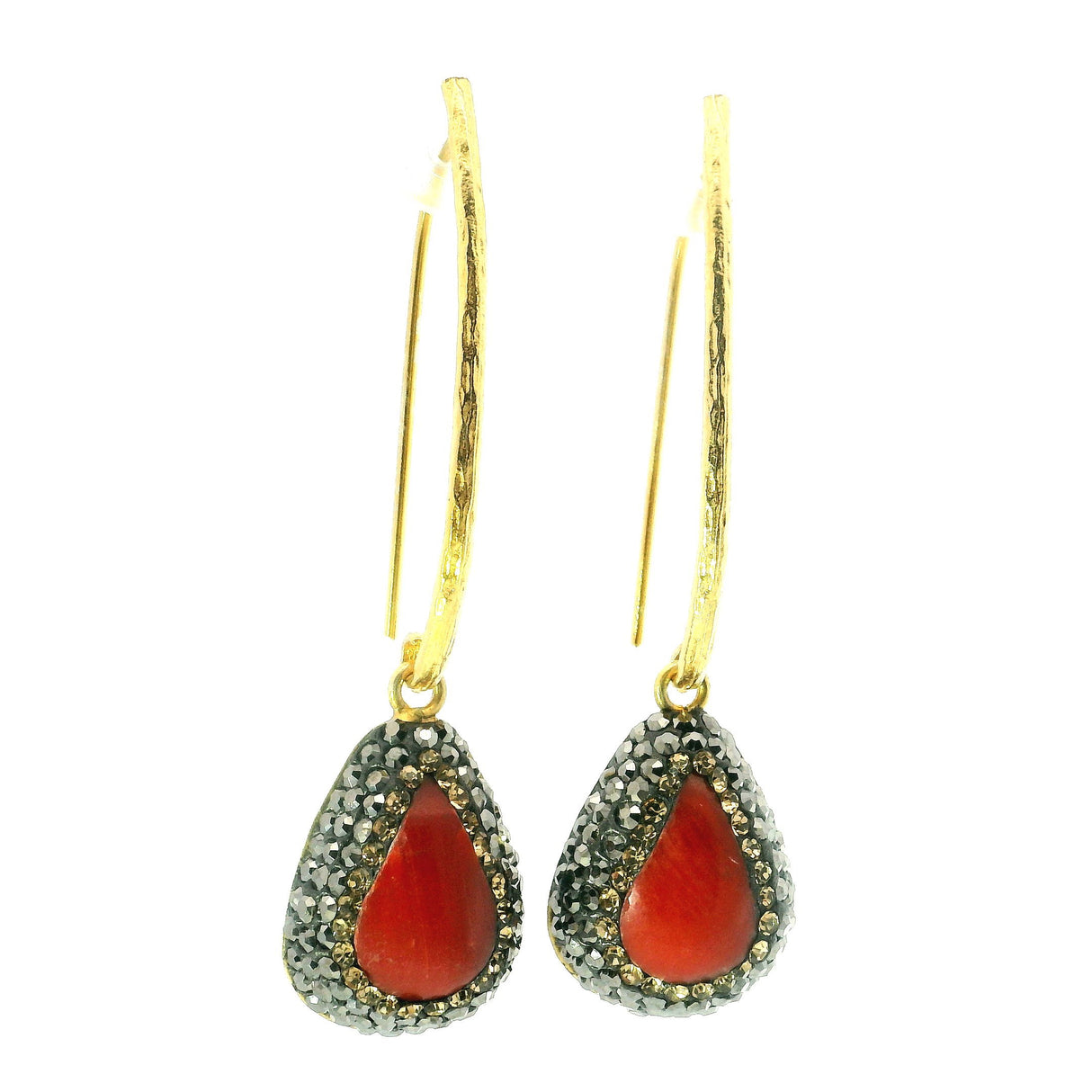 Mediterranean Coral Dangle Earrings - Pear Cabochon with Marcasite & Gold Swarovski Crystals on Long Vertical Drop with Gold Vermeil over 925 Sterling Silver