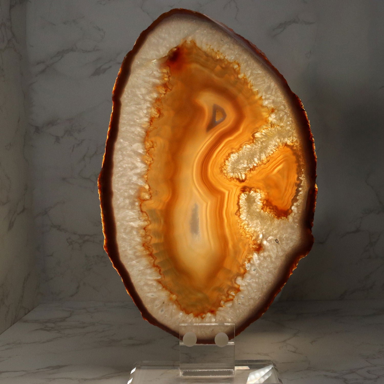 Agate Druze Slice on Screw Stand - Carnelian & Quartz Multi Banded with Mini White Druze Pocket in Center & Double-Sided Polish