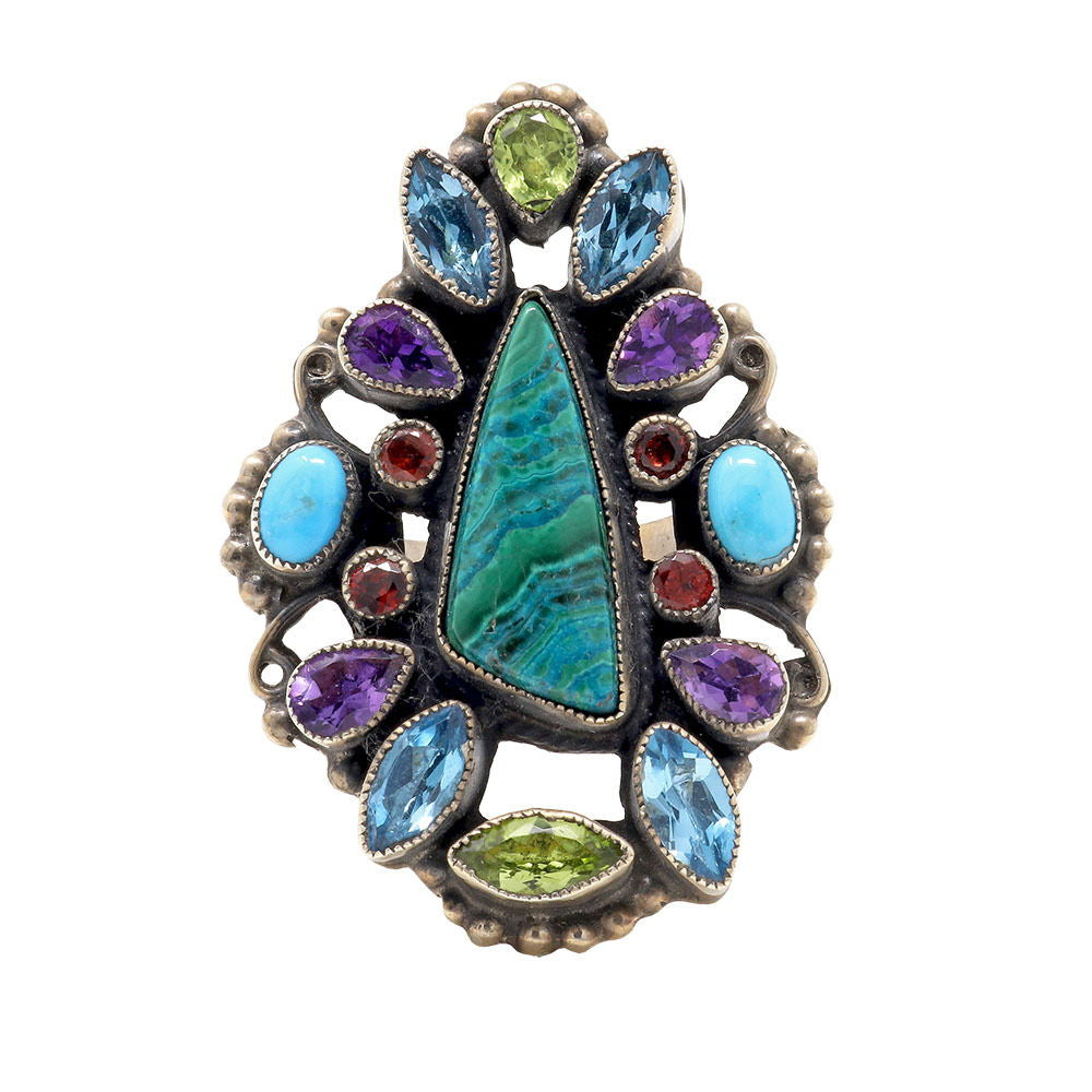 Leo Feeney Chrysocolla Ring with Blue Topaz, Peridot, Sleeping Beauty Turquoise & Garnet Sz6