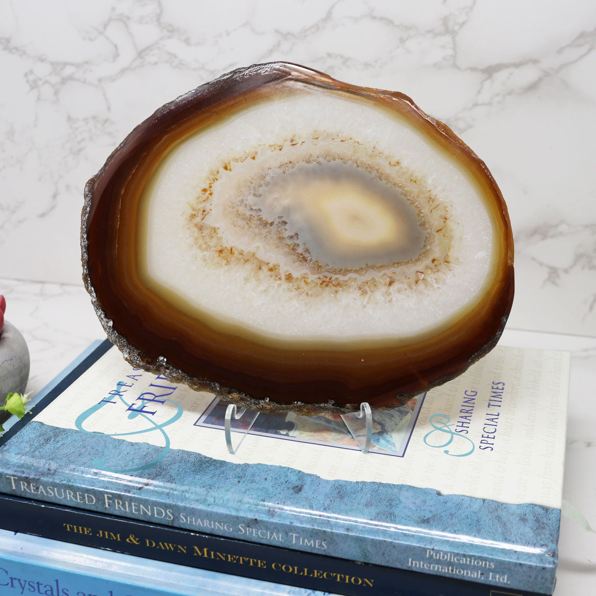 Agate Slice on Screw Stand with Coffee Agate & Druze Center with Double-Sided Polish