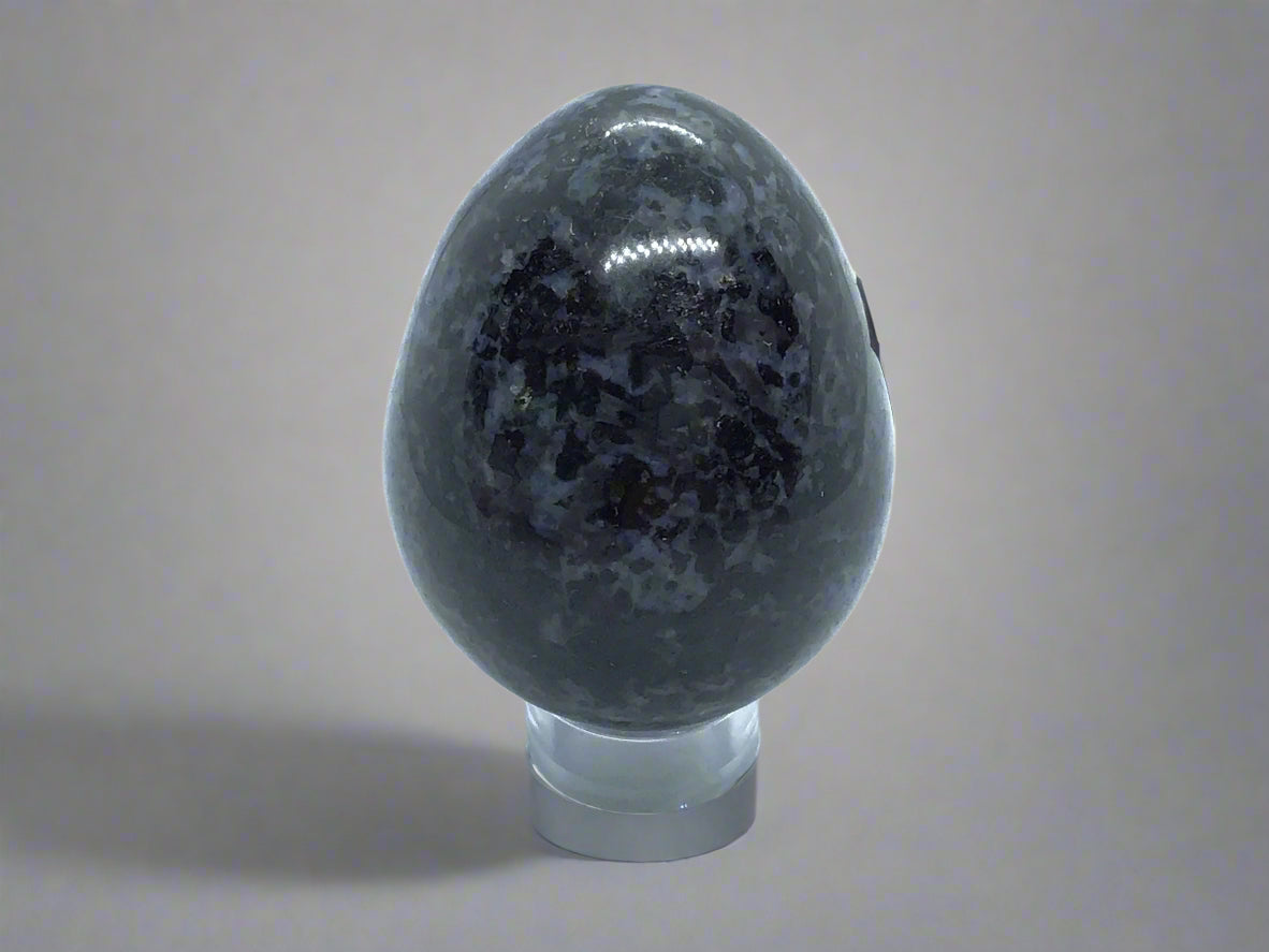 Indigo Gabbro Egg aka Merlinite on Lucite Stand