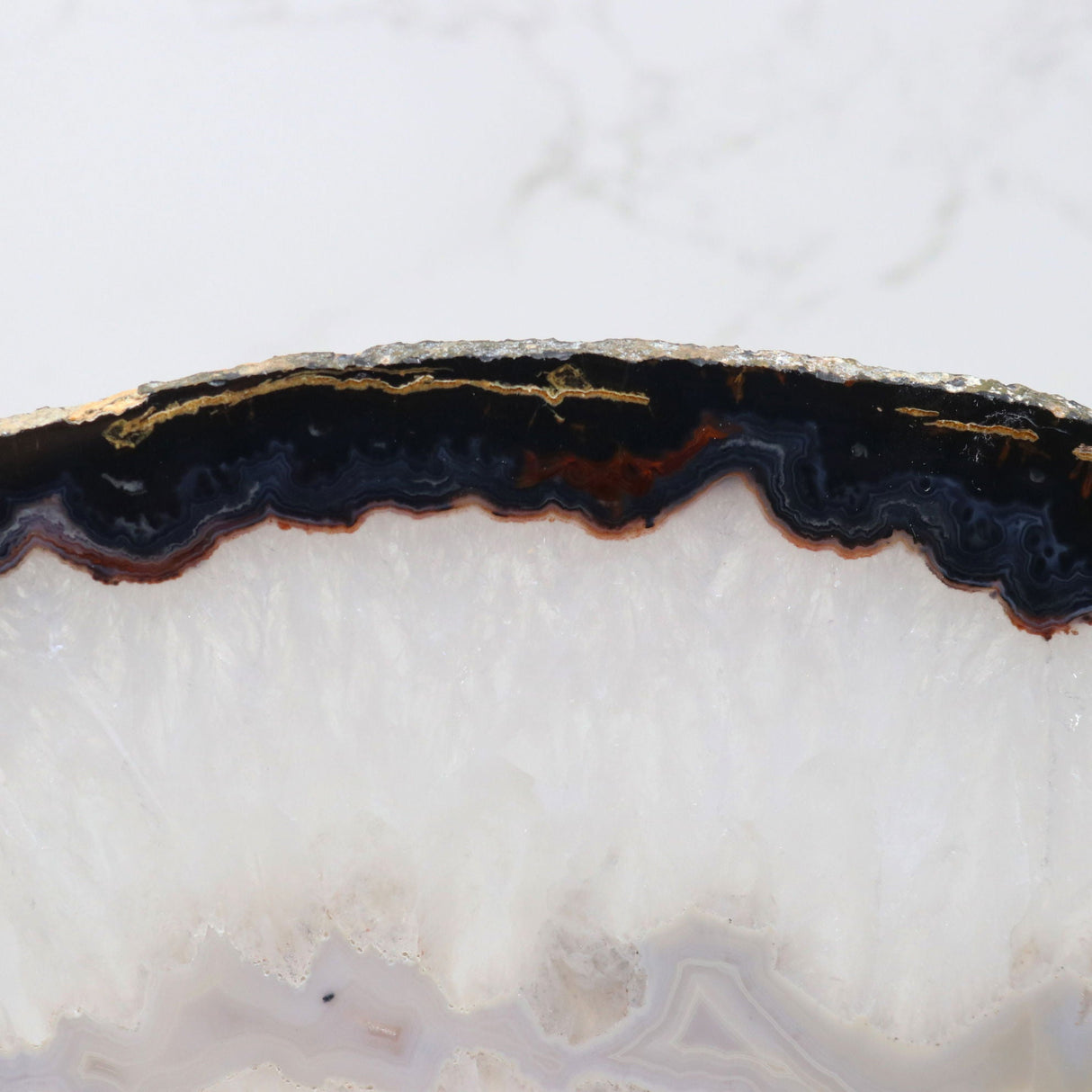 Agate Druze Slice on Screw Stand - Thick Black & Blue Exterior Layer with Quartz and Ash Gray Agate Center - Double-Sided Polish