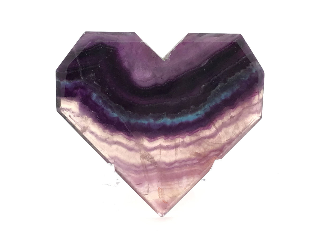 Rainbow Fluorite Heart - Flat with Faceted Faces on Lucite Stand (Blue Smiling Stripe)