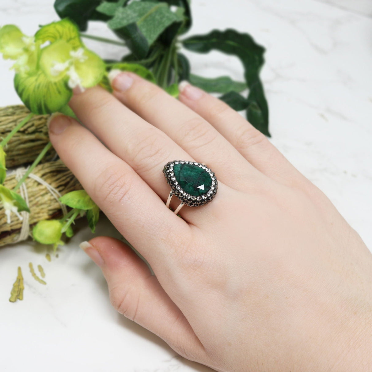 Emerald Set (Necklace; Earrings; Ring) 5 Simple Faceted Pears with Marcasite & Silver Crystals with Single Faceted Pear Earrings & Double Band Ring Szadj