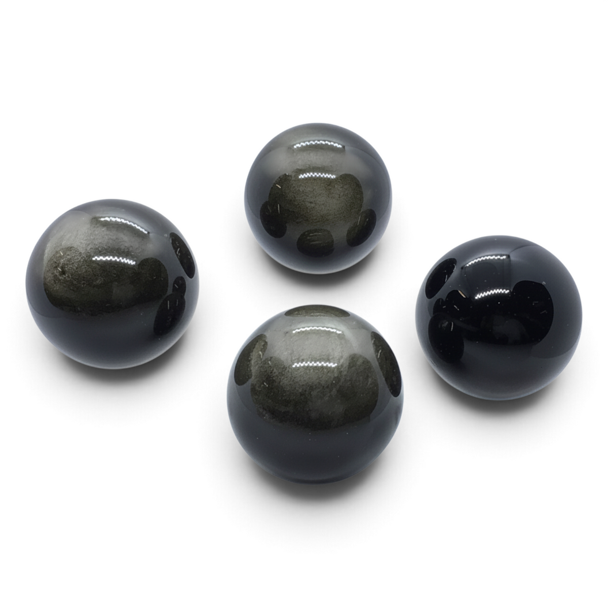 Rare Earth Gallery polished goldsheen obsidian spheres showing natural metallic golden sheen against white background