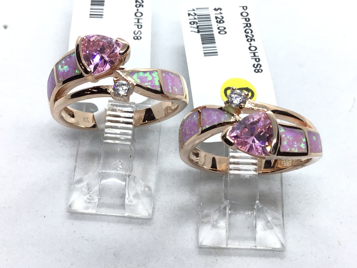 Pink Opal Ring - Inlaid Band With Pink Trillion Cz & White Cz - Rose Gold Overlay Sz8