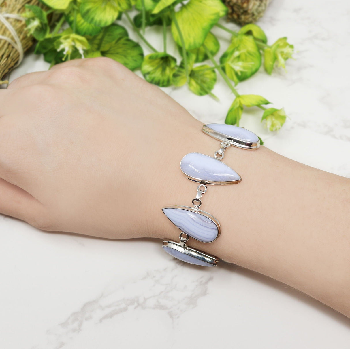 Blue Lace Link Bracelet - 7 Pear Cabochons with 925 Sterling Silver Bezel Edge