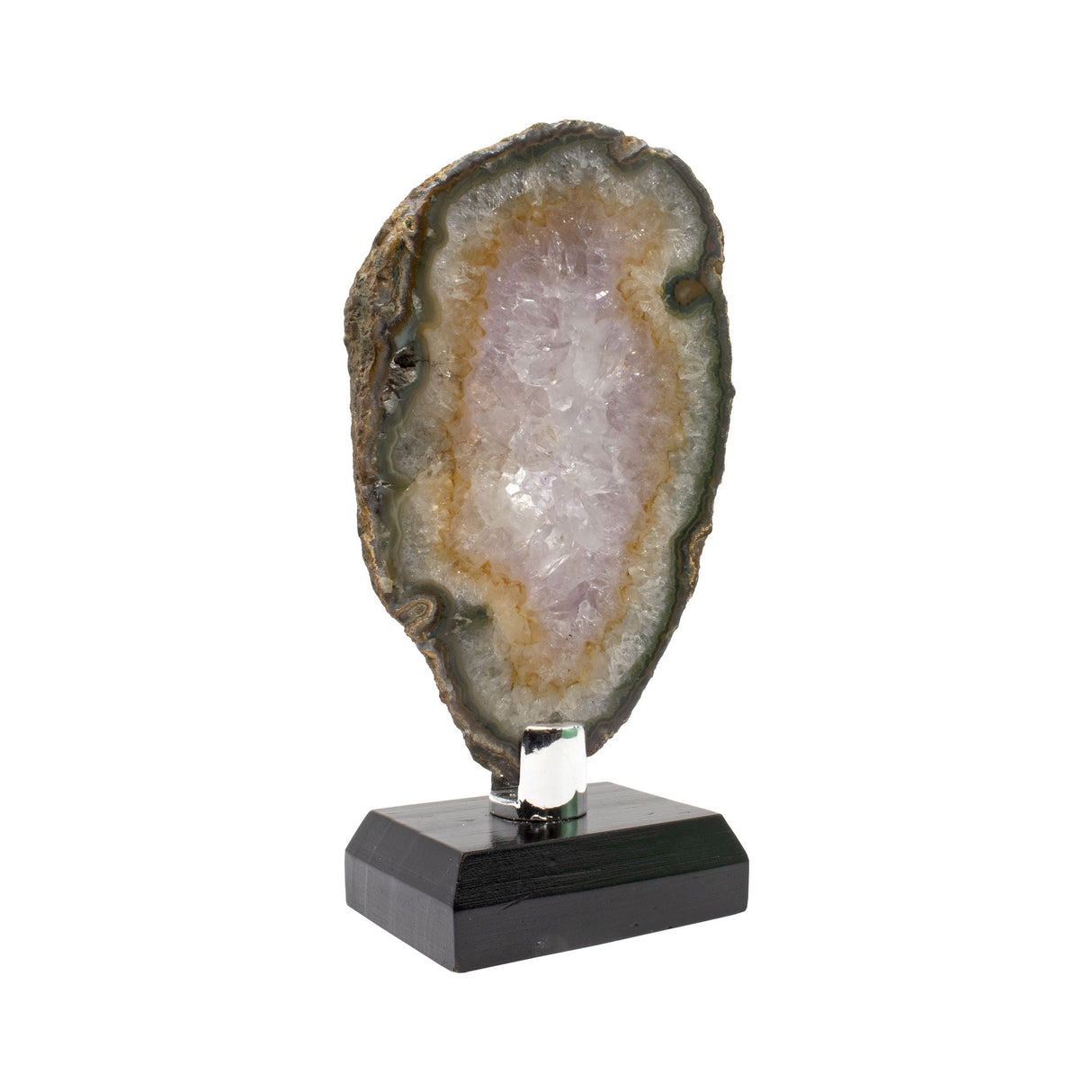 Agate Slice - Amethyst Quartz with Void in Center, Orange & Green Accents on Wooden Screw Stand