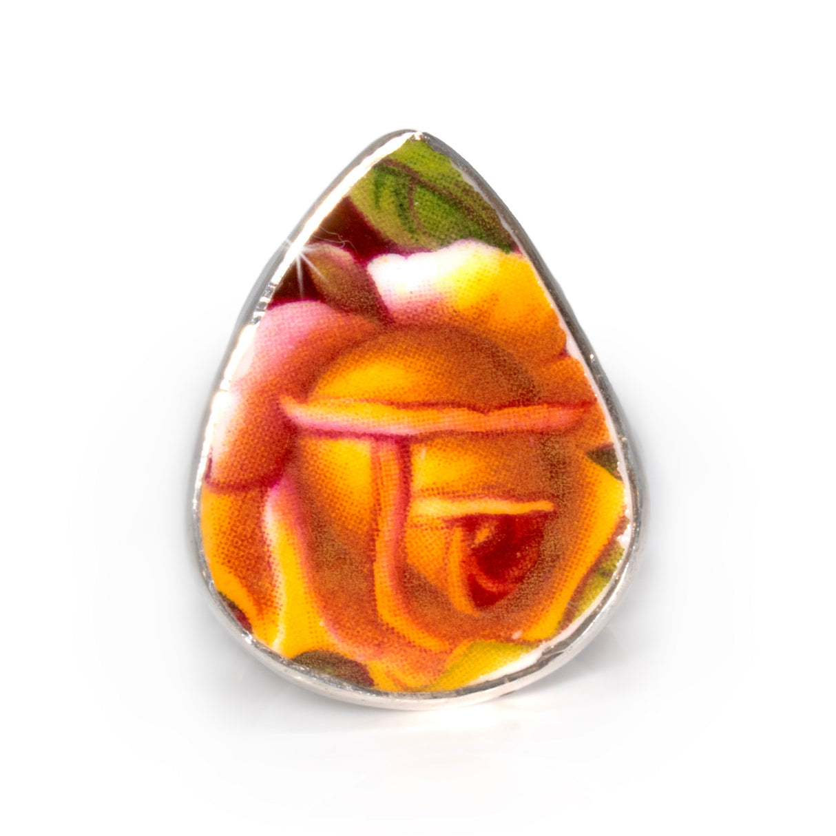 Porcelain Rose Ring Size 8 - Pear with Large Orange Rose & Silver Bezel