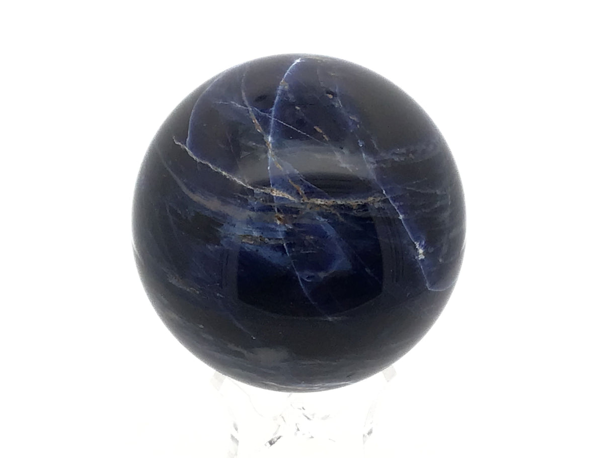 A+ Sodalite Sphere on Lucite Ring Stand - Stunning Deep Royal Blue with White Webbing & Peach Inclusions
