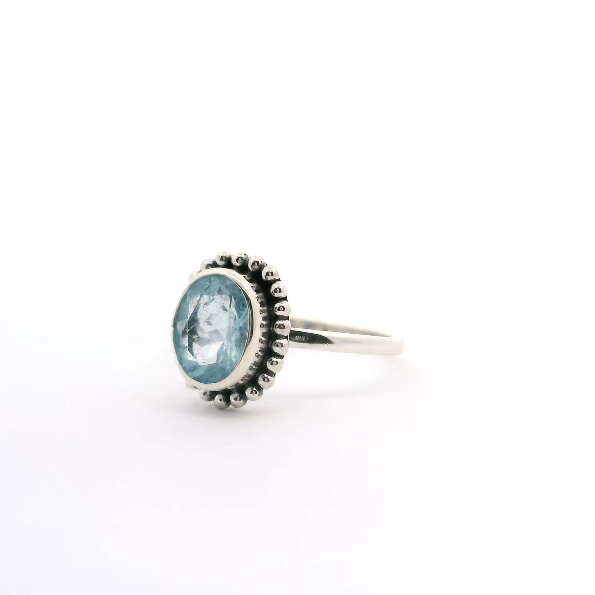 Aquamarine Ring - Faceted Oval Bezel Set in Beaded Flower Setting in Simple 925 Sterling Silver sz6