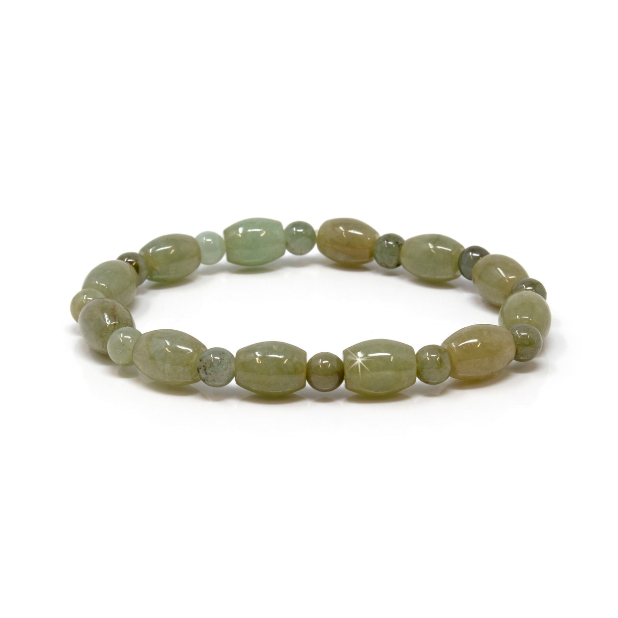 Nephrite Jade Beaded Bracelet - Sage Olive Barrels and Rounds