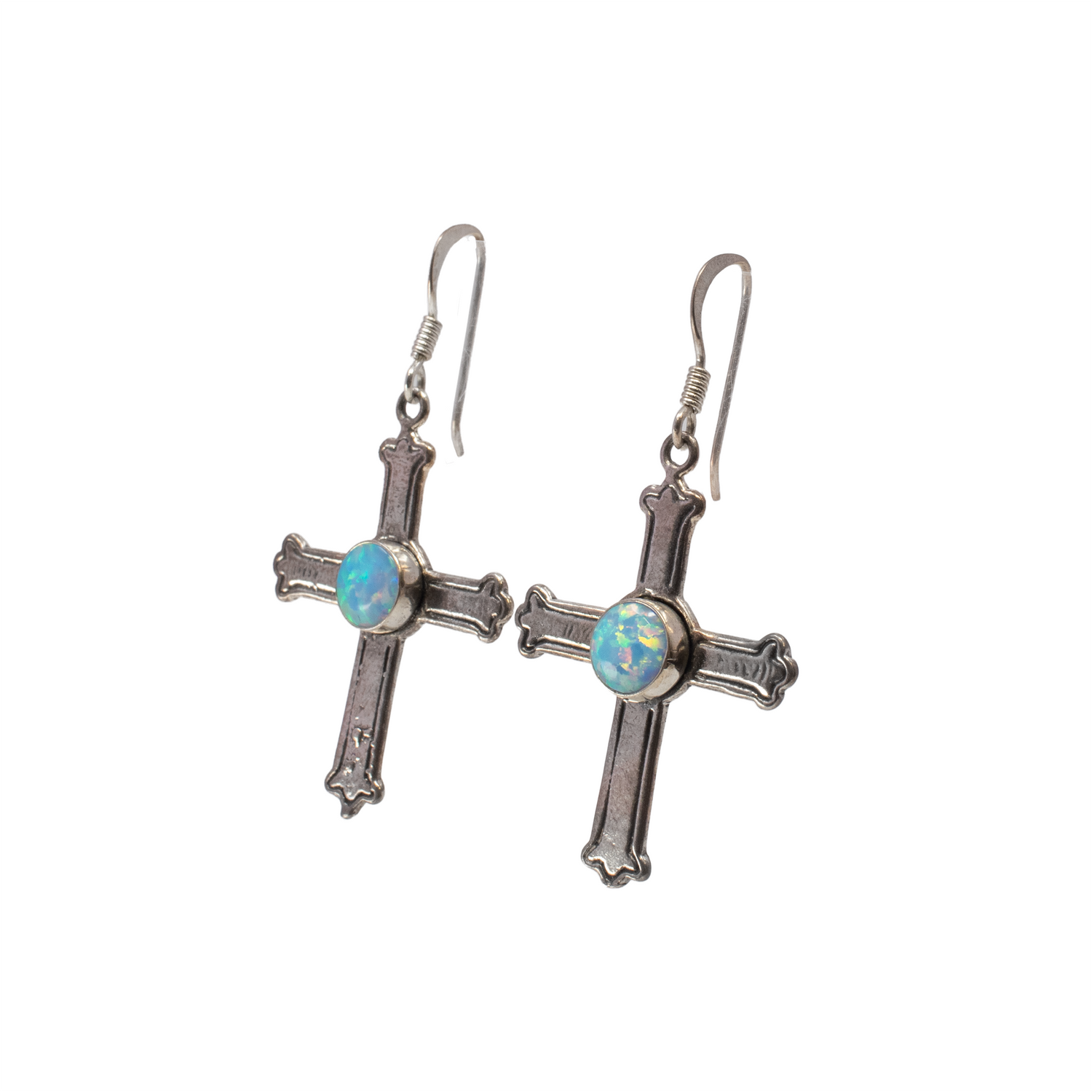 View of Blue Opal Cross Earrings -Sky Blue Round Opal