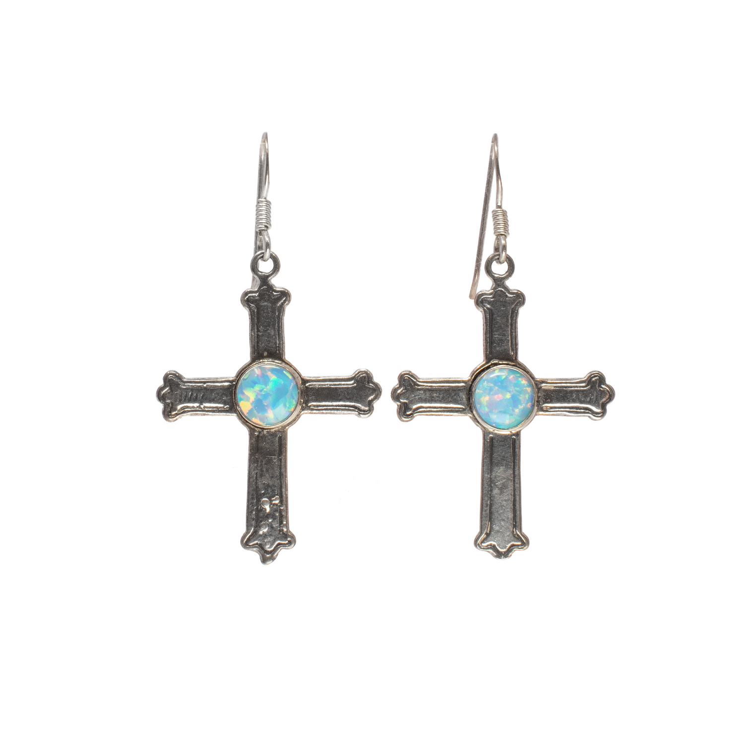 Blue Opal Cross Earrings -Sky Blue Round Opal