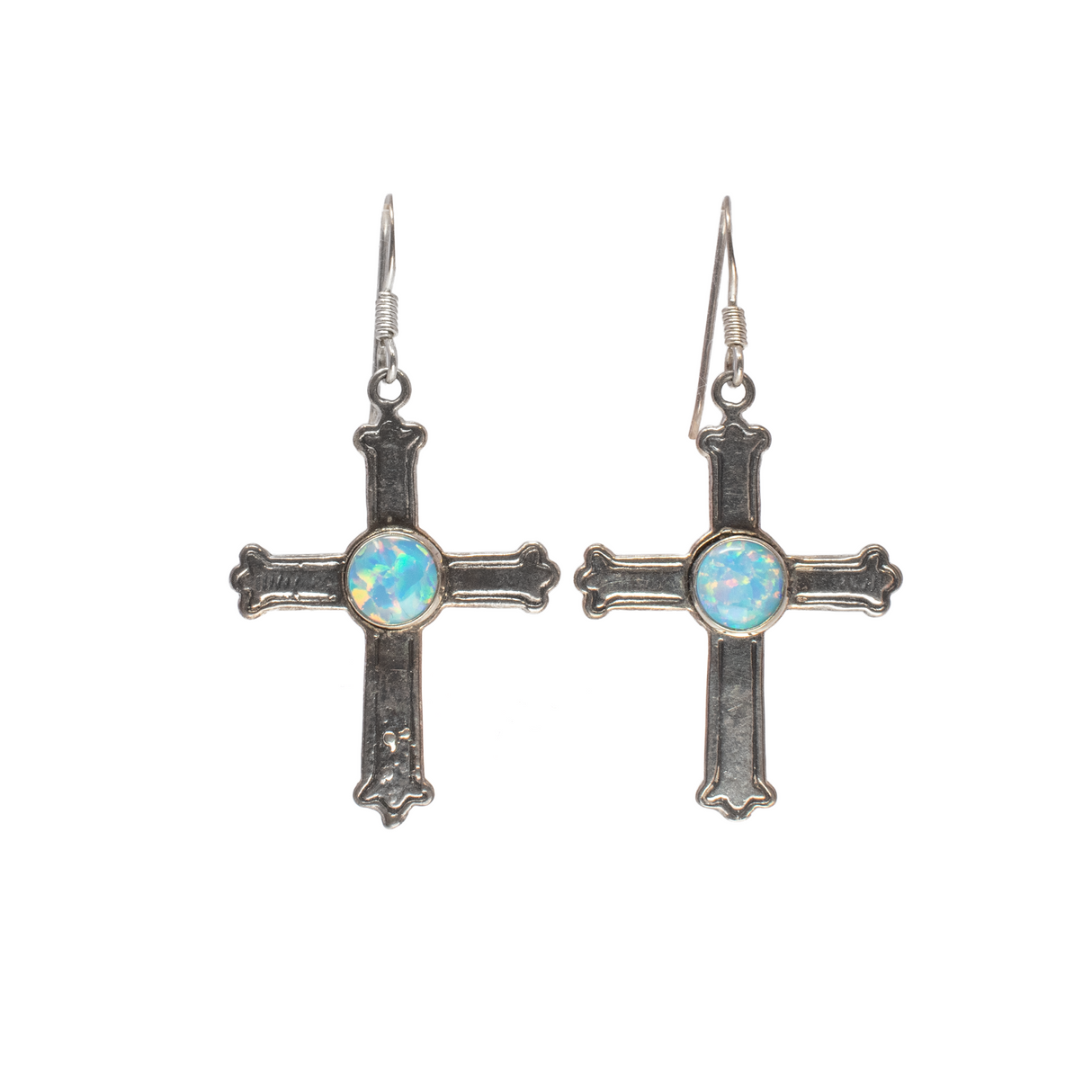 Blue Opal Cross Earrings -Sky Blue Round Opal