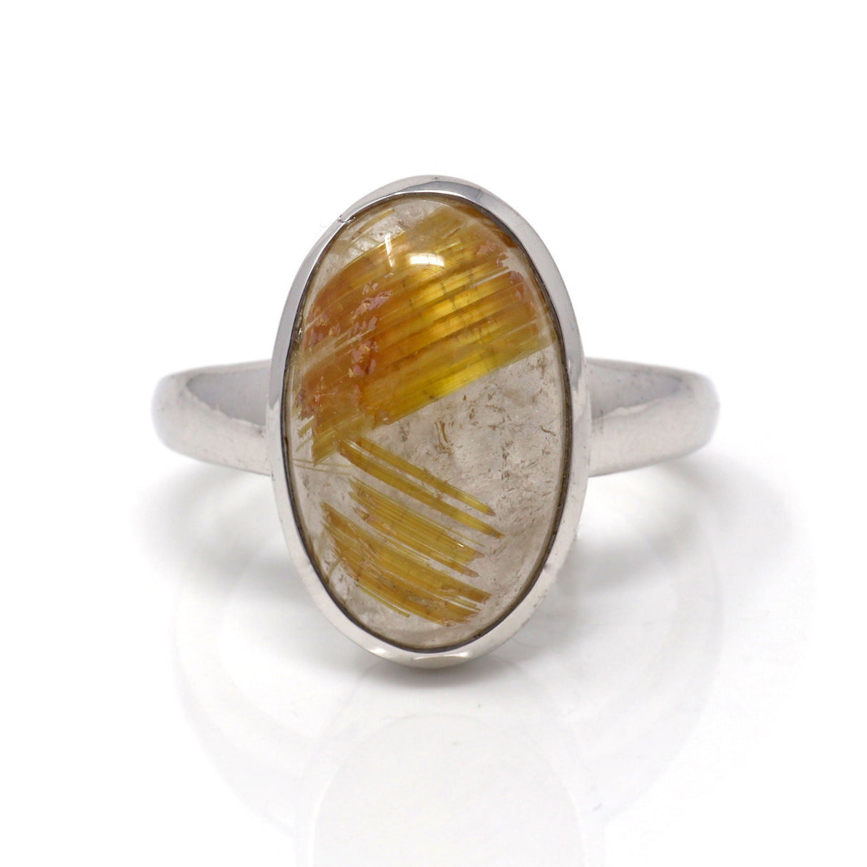 Golden Rutile Quartz Ring Size 9 - Simple Oval Cabochon with Prominent Rutile & Tapered 925 Sterling Silver Bezel