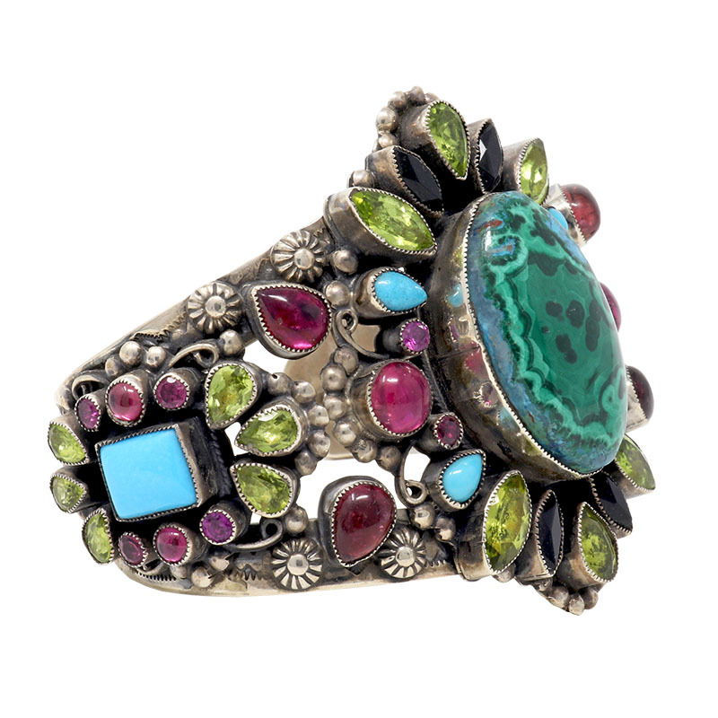 Leo Feeney Malachite & Chrysocolla Cuff Bracelet with Peridot, Pink Tourmaline, Sleeping Beauty Turquoise, Garnet & Black Onyx