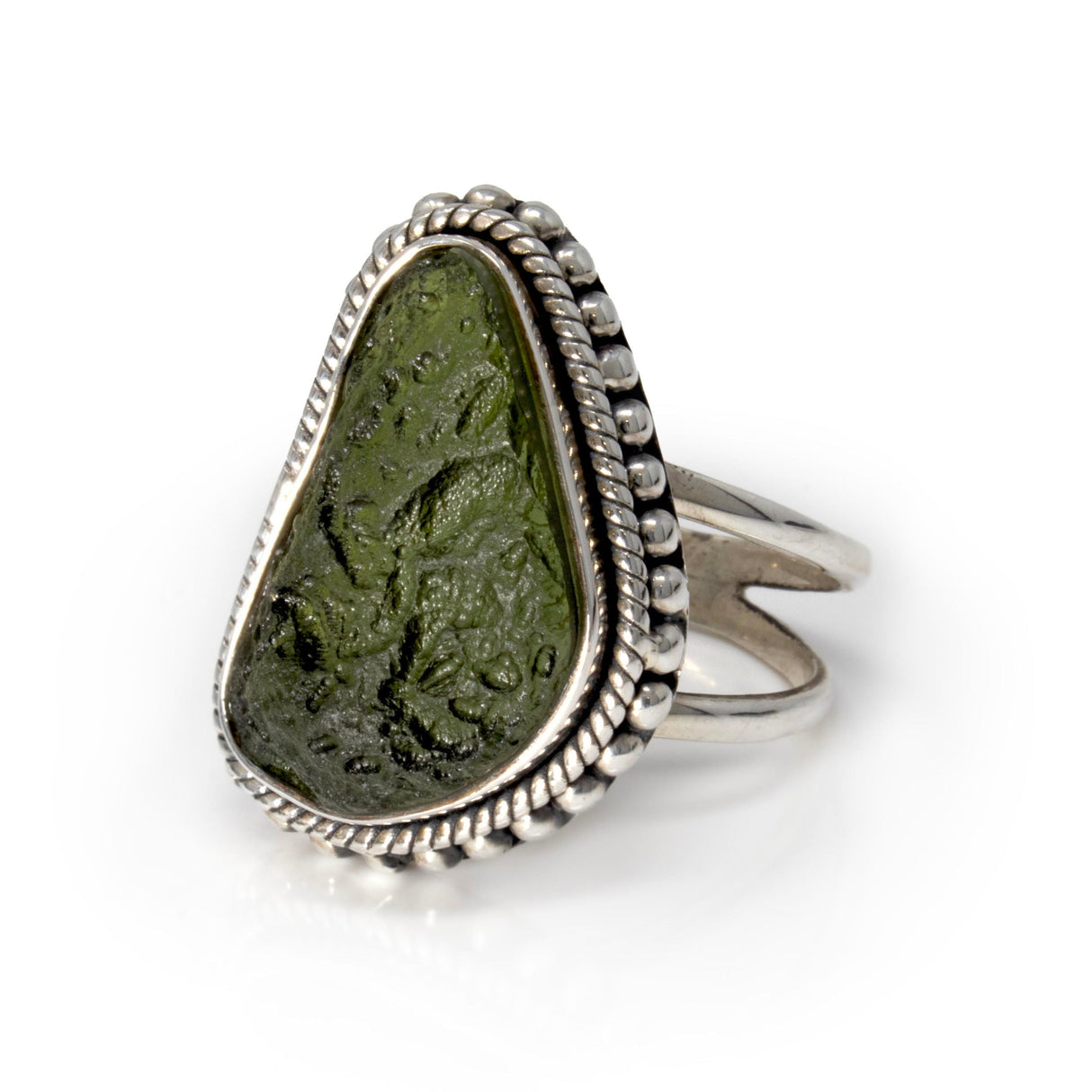 Moldavite Ring Size 10 - Freeform with Silver Rope and Beads Around Bezel Set on Double Band