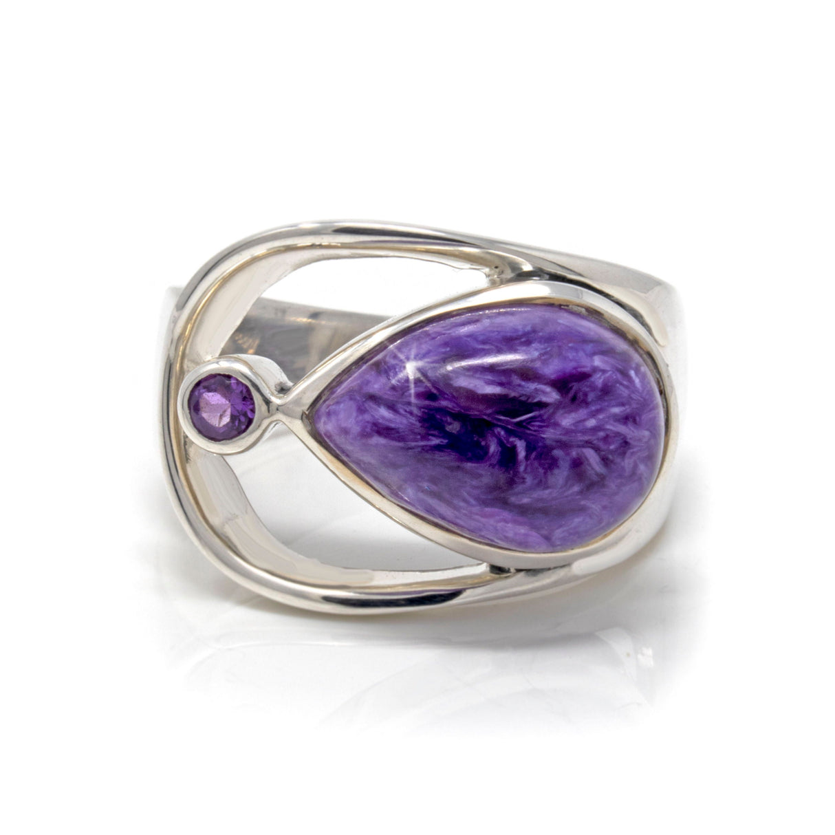 Charoite Ring Size 9 - Pear Cabochon with Faceted Amethyst Round & Silver Bezels Set on Open Band Top
