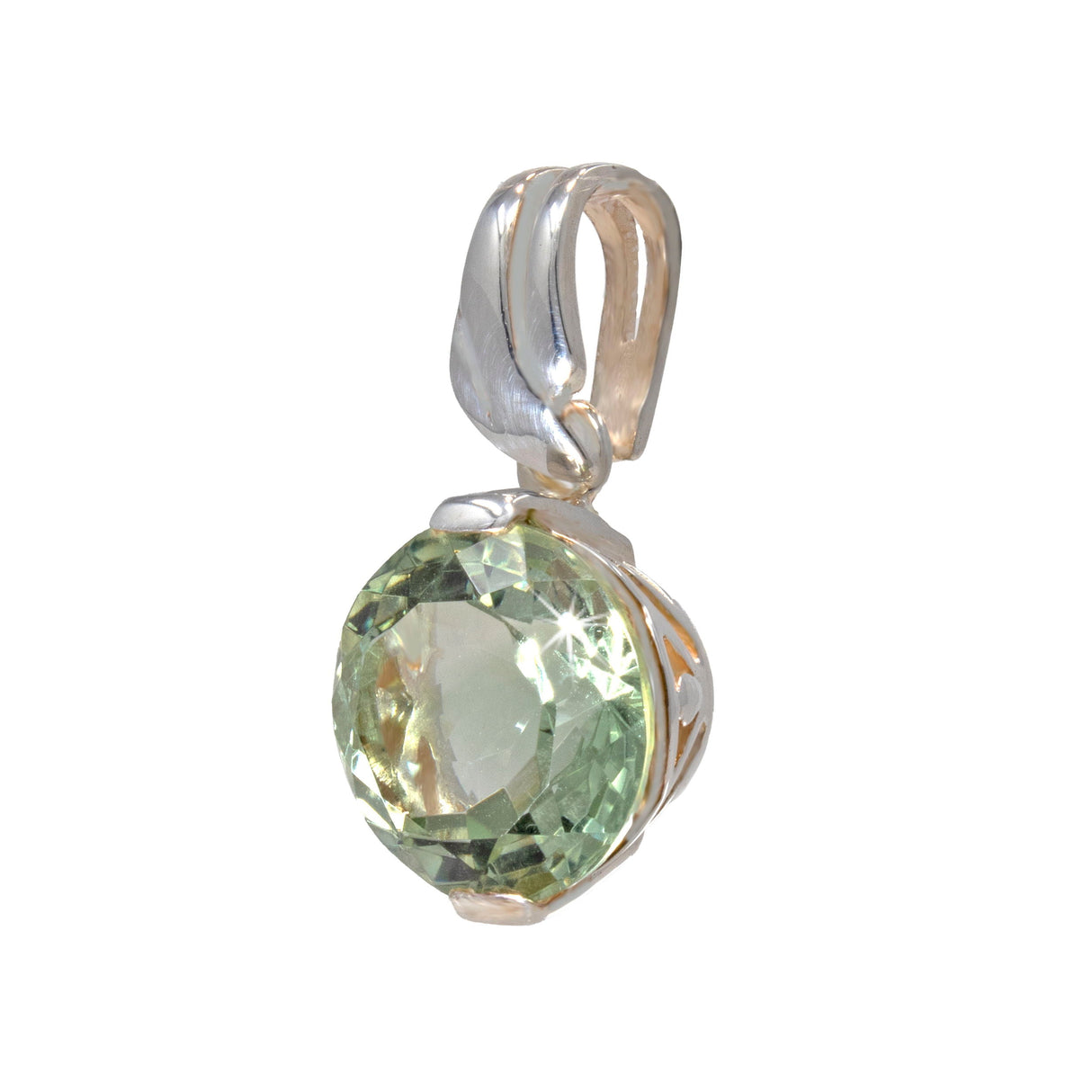 Prasiolite Pendant - Faceted Round with Fancy Cut Out Bezel & Textured Bail