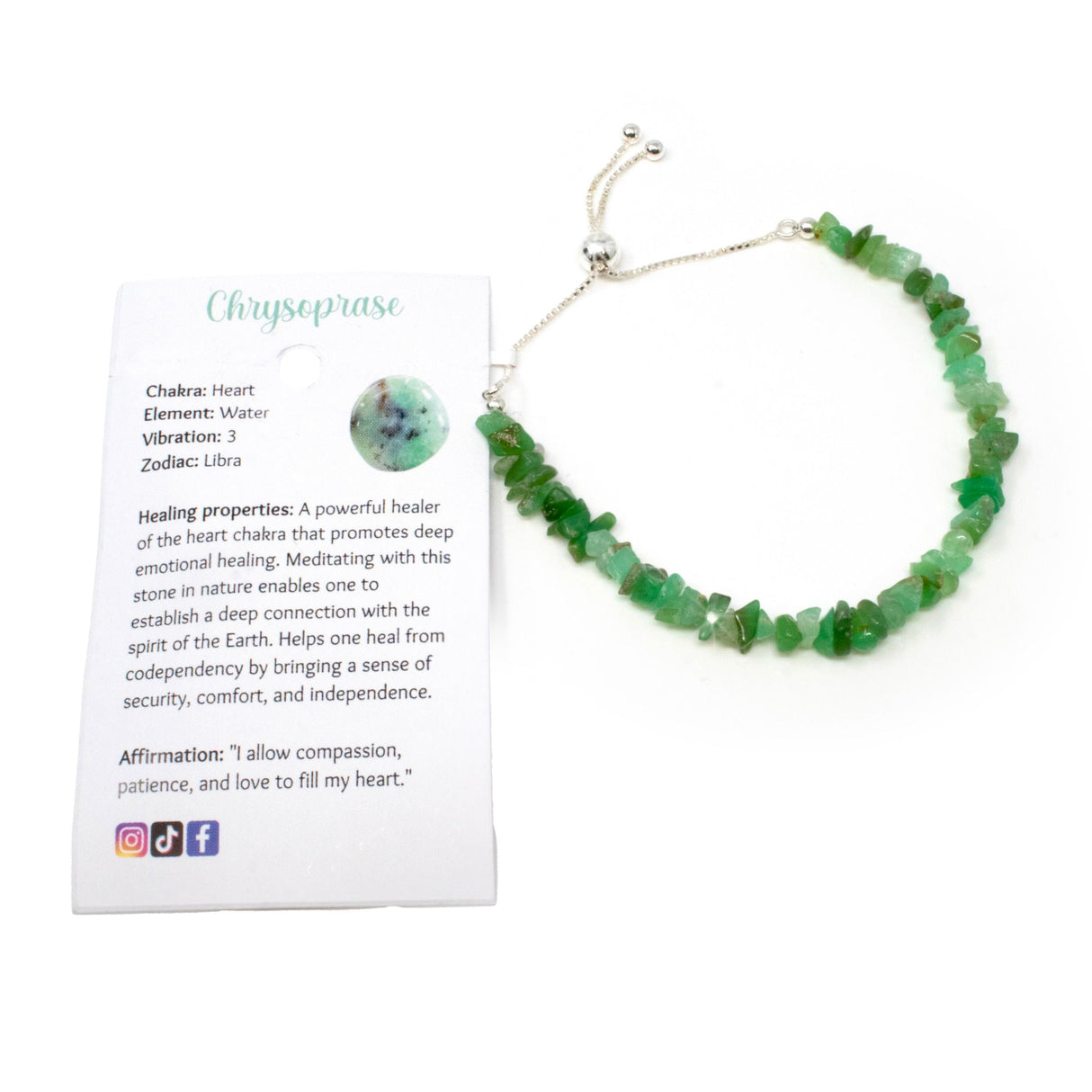 Chrysoprase Chip Beaded Bracelet with 925 Sterling Silver Adjustable Ball & Chain