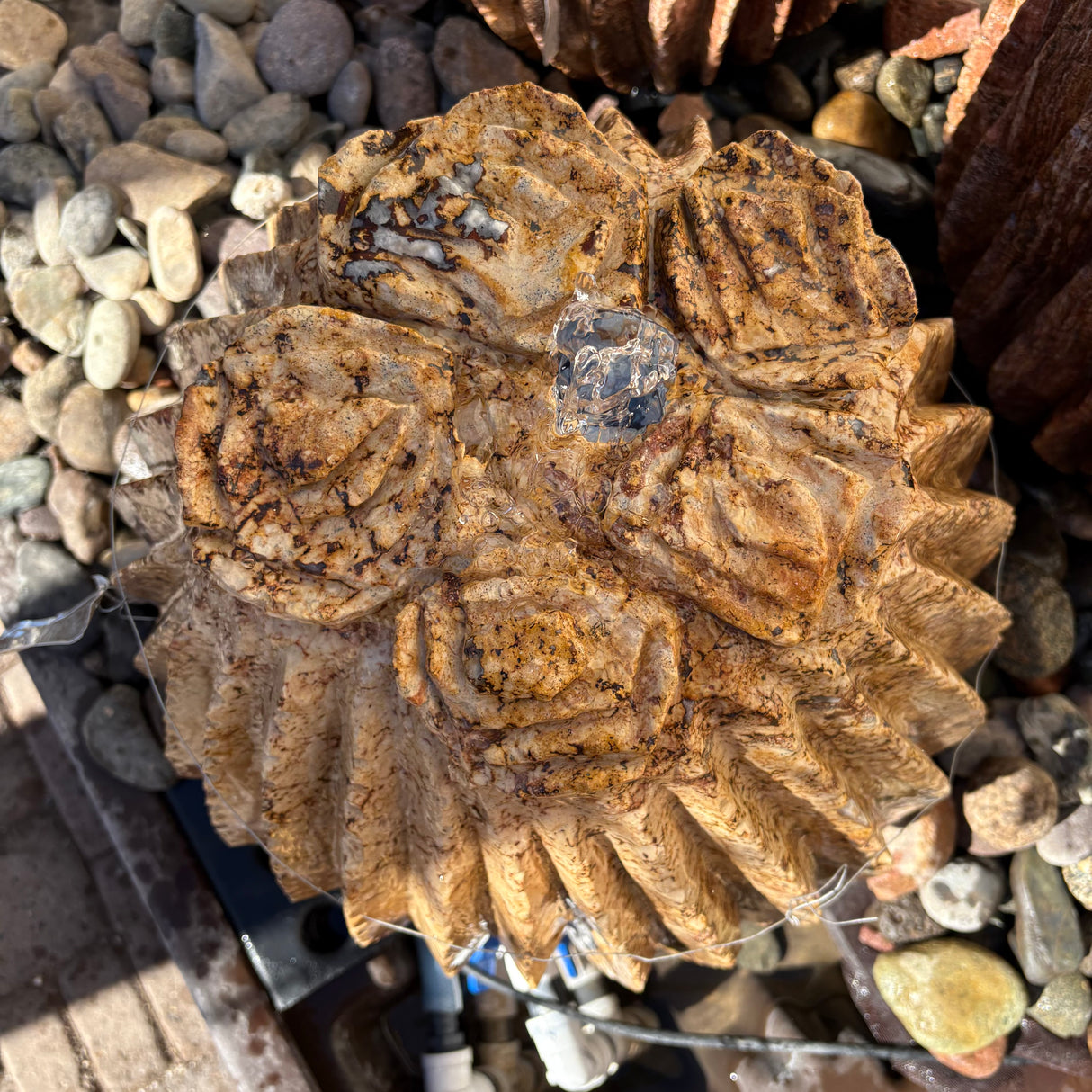 Beige Travertine Barrel Cactus Fountain - Small Carving