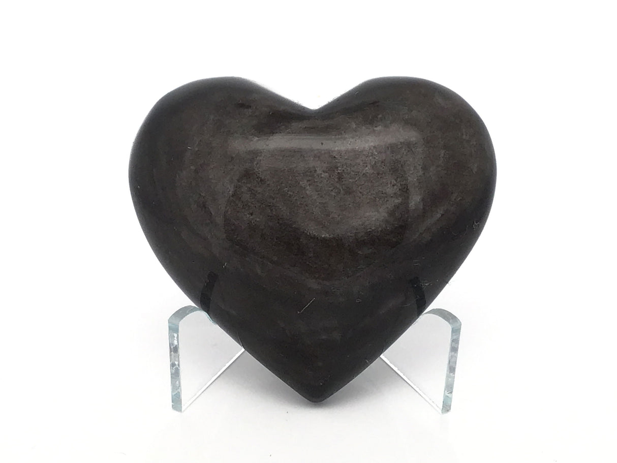 Silver Sheen Obsidian Heart on Lucite Stand