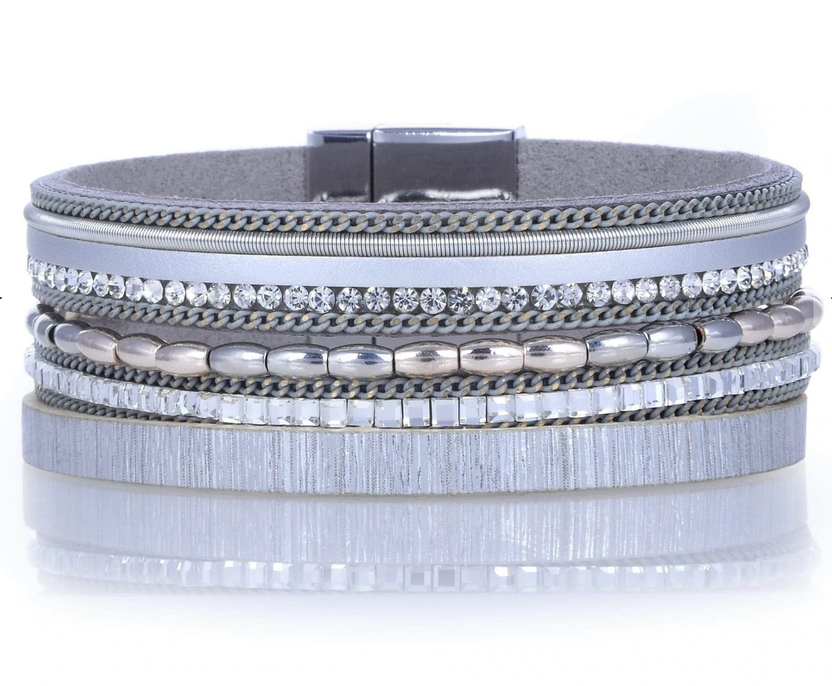 Metallic Beads & Silver Leather Multiple Wrap Bracelet with Magnetic Clasp