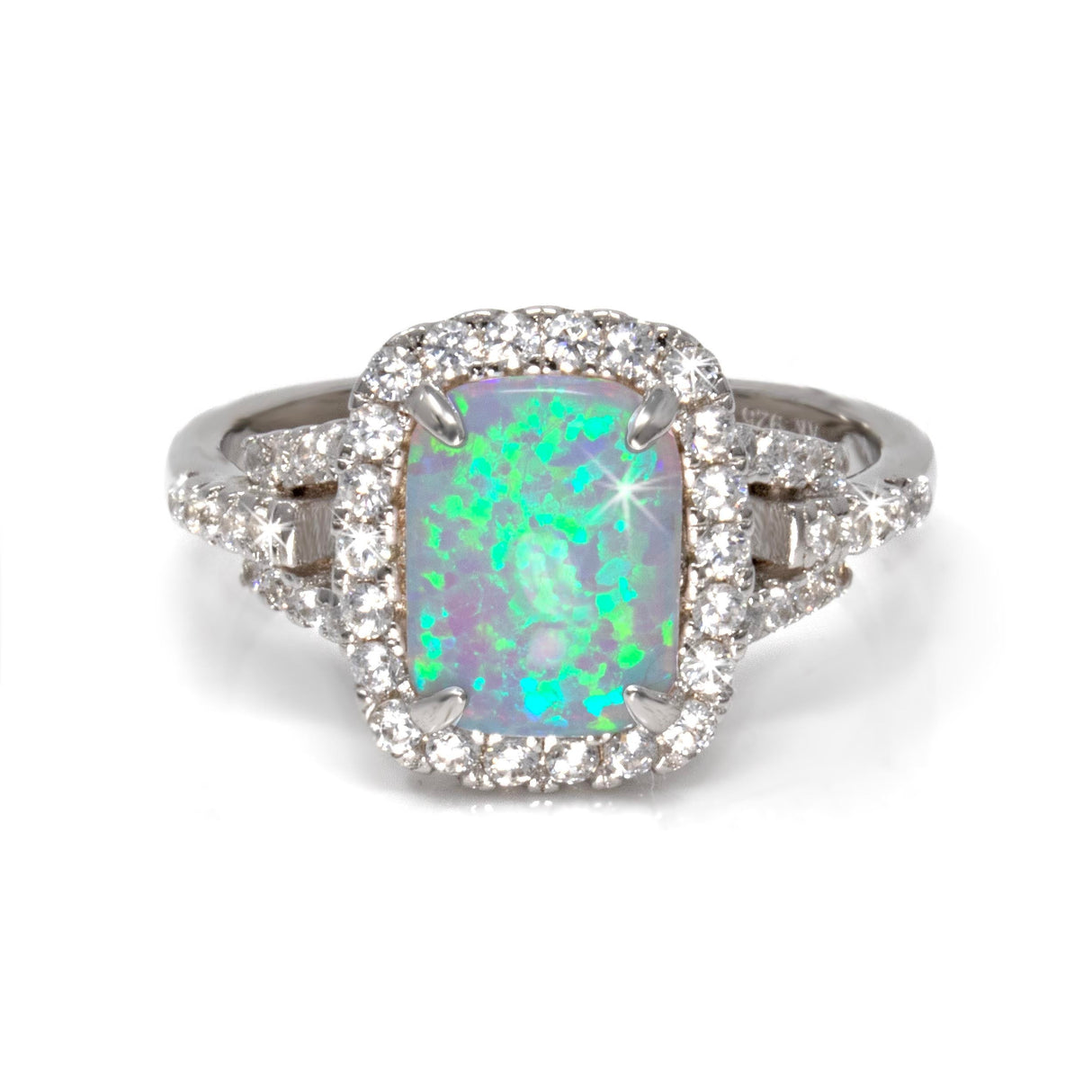 White Opal Ring - Prong Set Rounded Rectangle Cabochon With White Czs Set In Bezel & Band Sz5