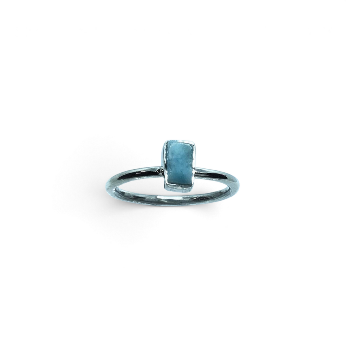 Rare Earth Gallery larimar ring featuring a mini rectangular stone set in a polished silver bezel and band