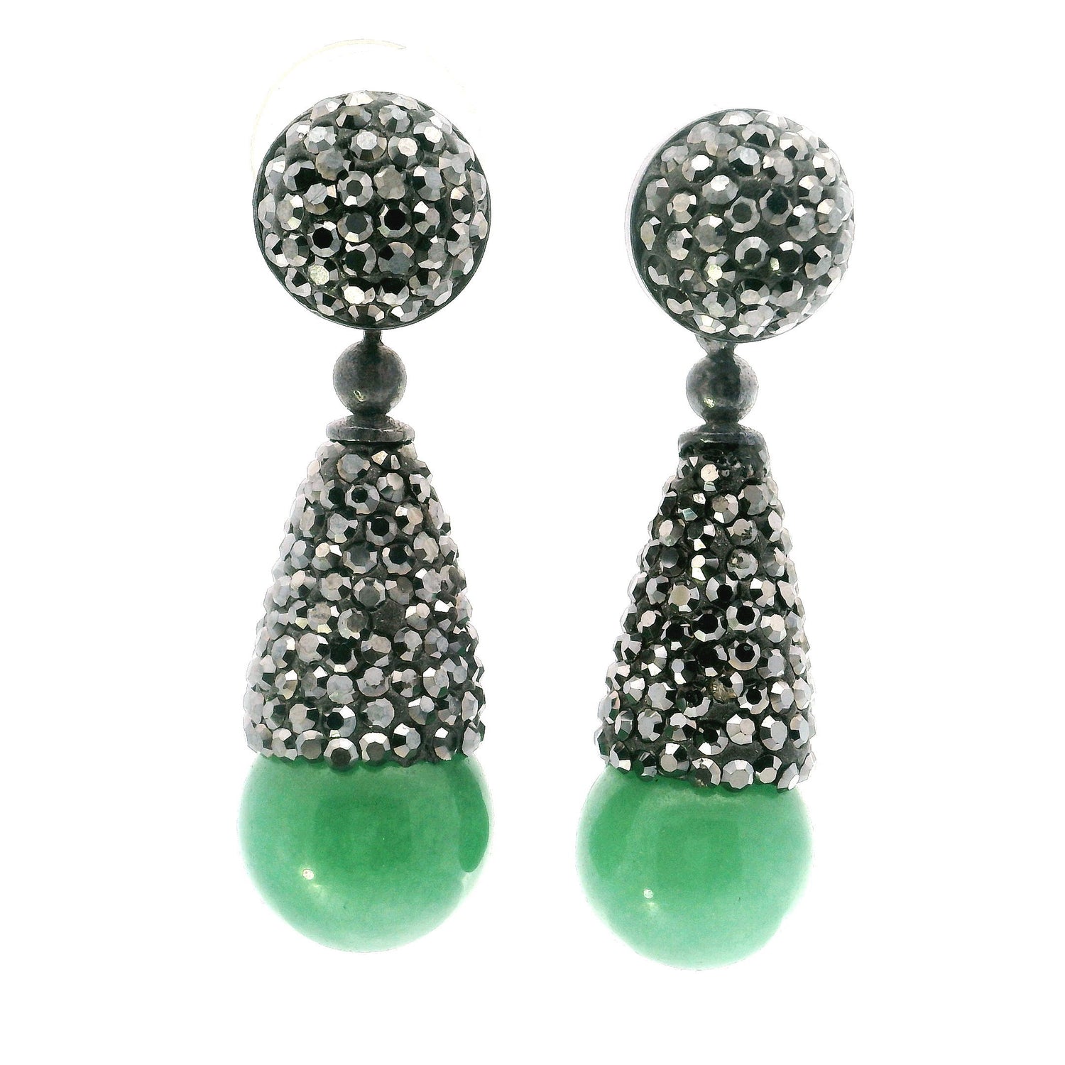 Aventurine Dangle Earrings - Aventurine Sphere Below Reverse Cone of Marcasite Crystals with 925 Sterling Silver