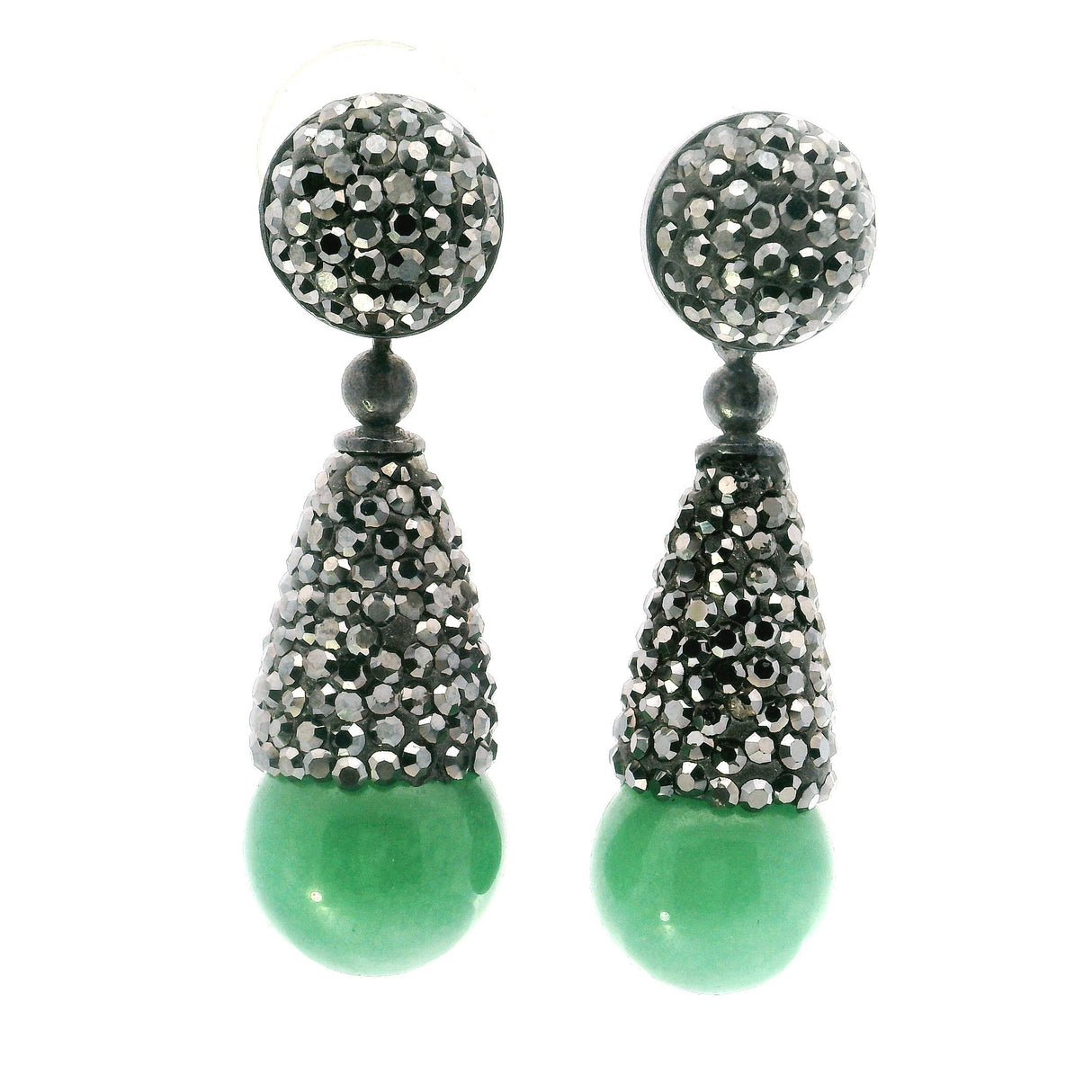 Aventurine Dangle Earrings - Aventurine Sphere Below Reverse Cone of Marcasite Crystals with 925 Sterling Silver